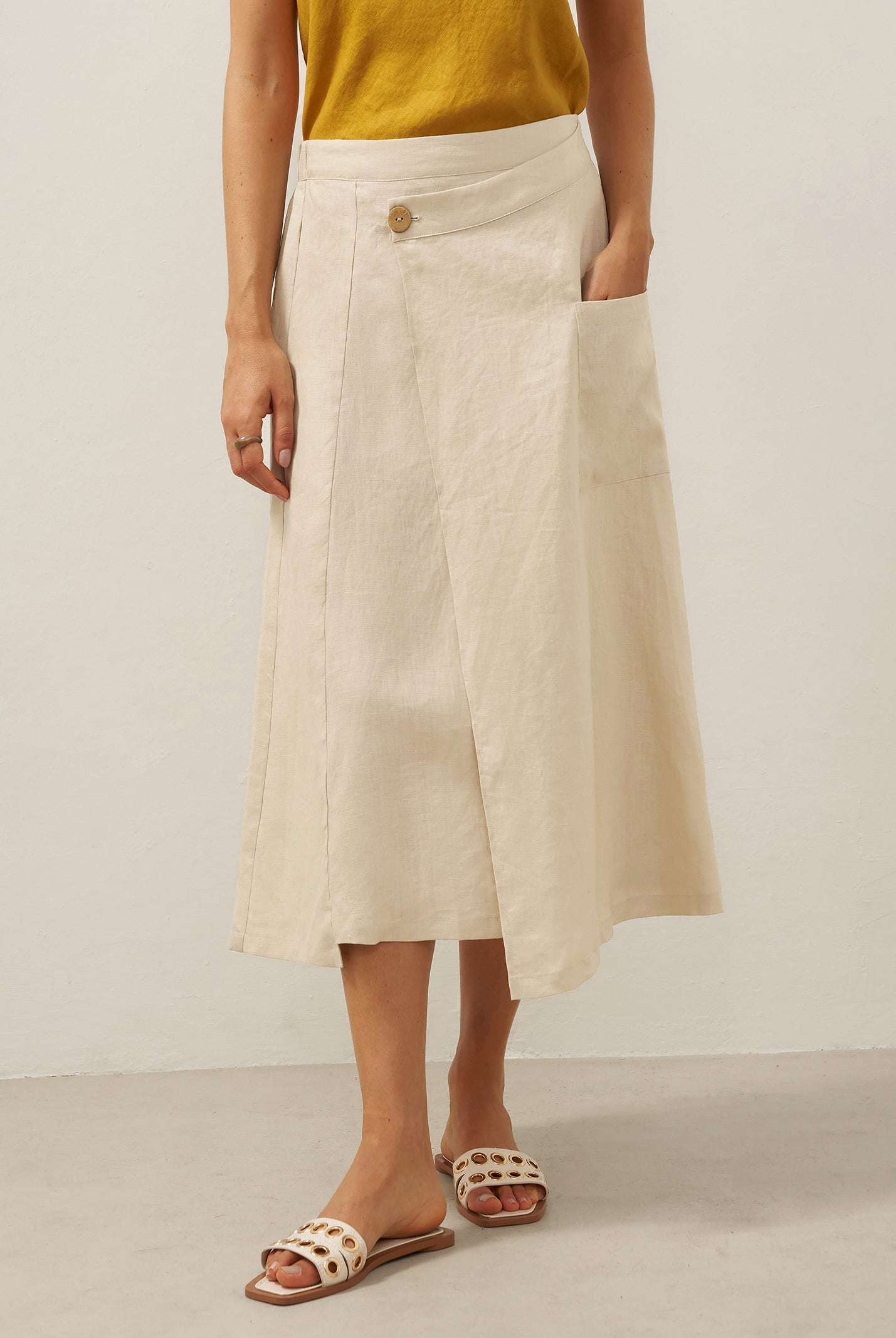 100% Linen Elastic Waist Angled Wrap Skirt FRESSA by LINTICO for women