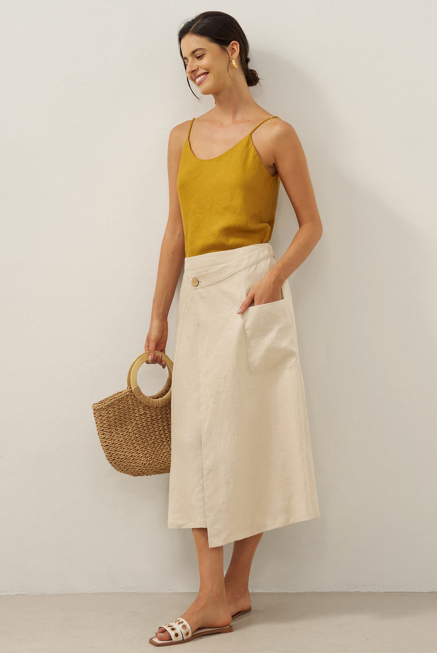 100% Linen Elastic Waist Angled Wrap Skirt FRESSA by LINTICO for women