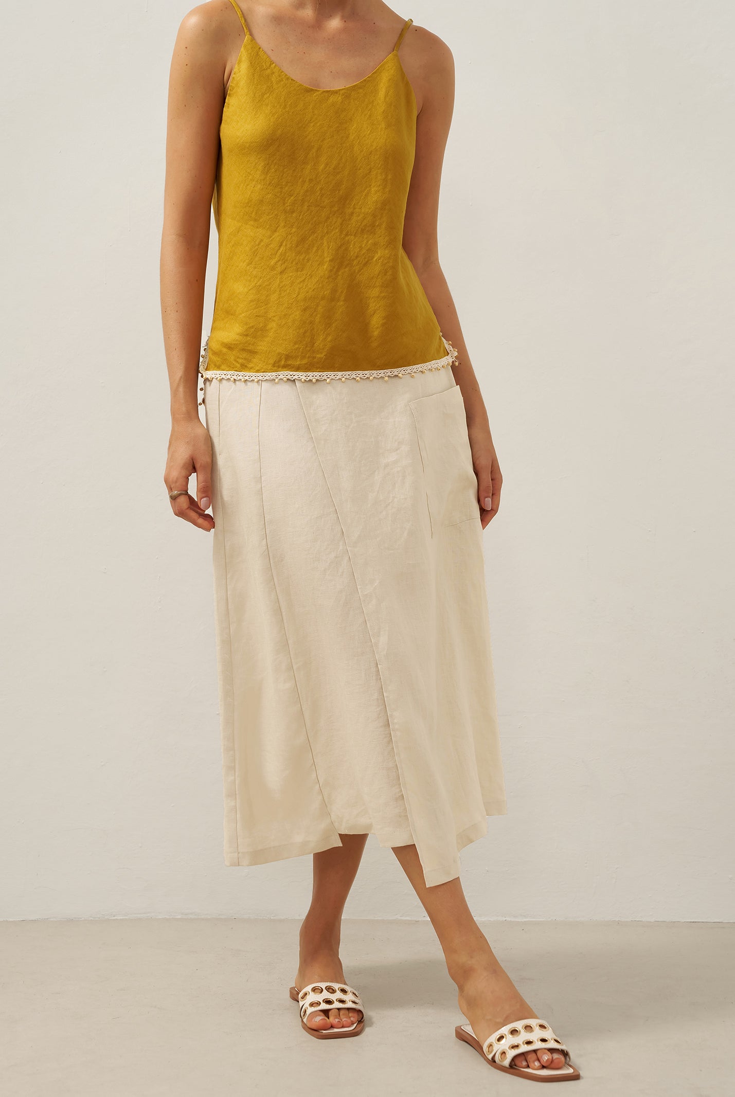 100% Linen Elastic Waist Angled Wrap Skirt FRESSA by LINTICO for women
