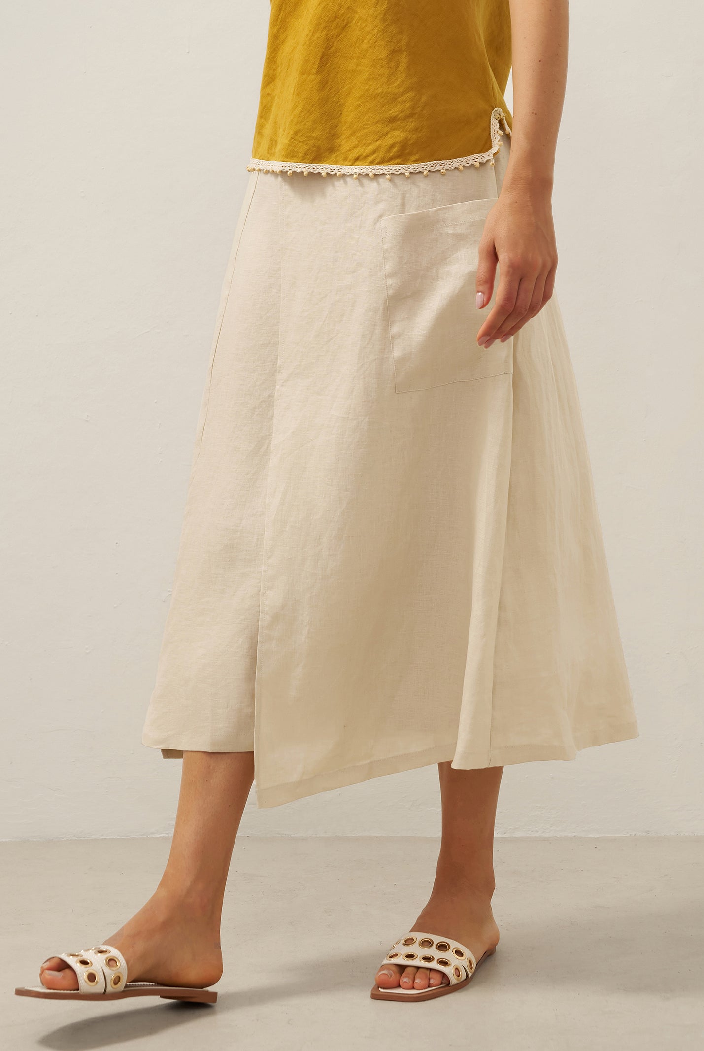 100% Linen Elastic Waist Angled Wrap Skirt FRESSA by LINTICO for women