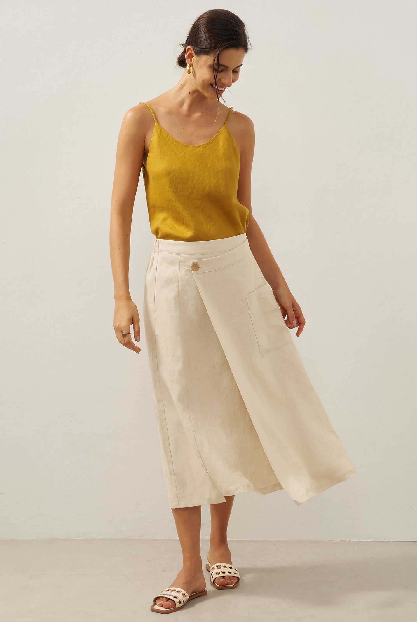100% Linen Elastic Waist Angled Wrap Skirt FRESSA by LINTICO for women