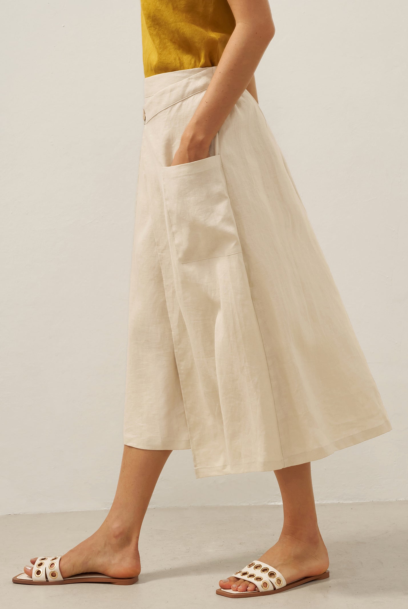 100% Linen Elastic Waist Angled Wrap Skirt FRESSA by LINTICO for women