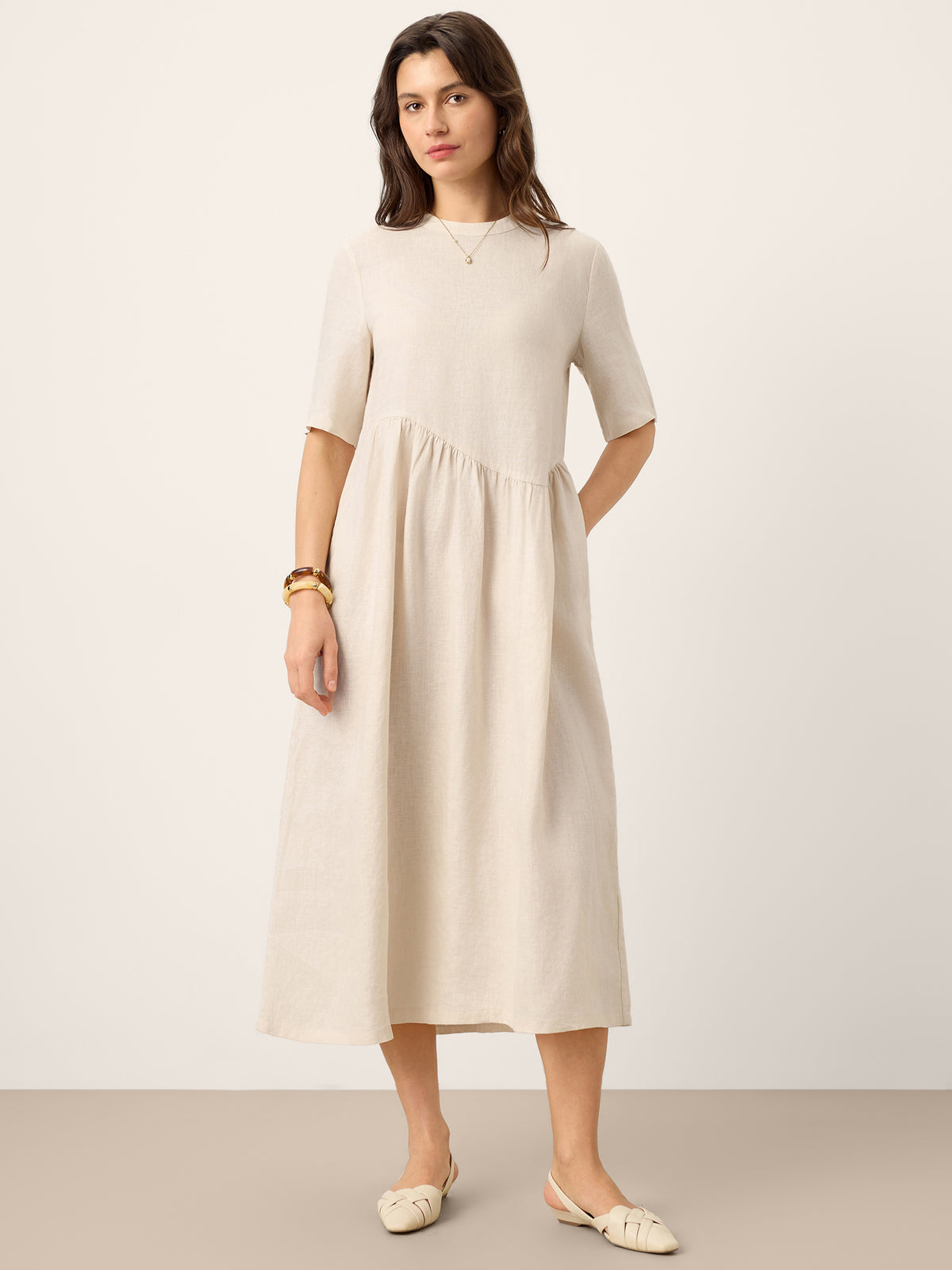 100% Linen Arch-Seam Fluid Midi Dress EUDORA by LINTICO for women