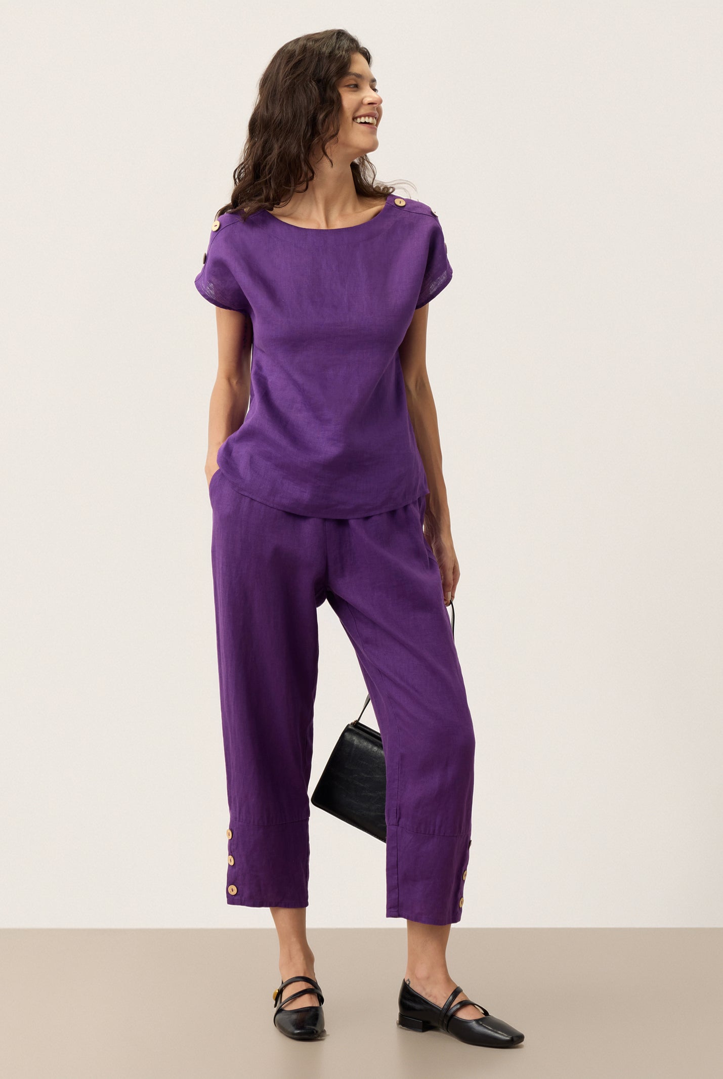 100% Linen Artisan Button Tapered Pants KATHERINE by LINTICO for women