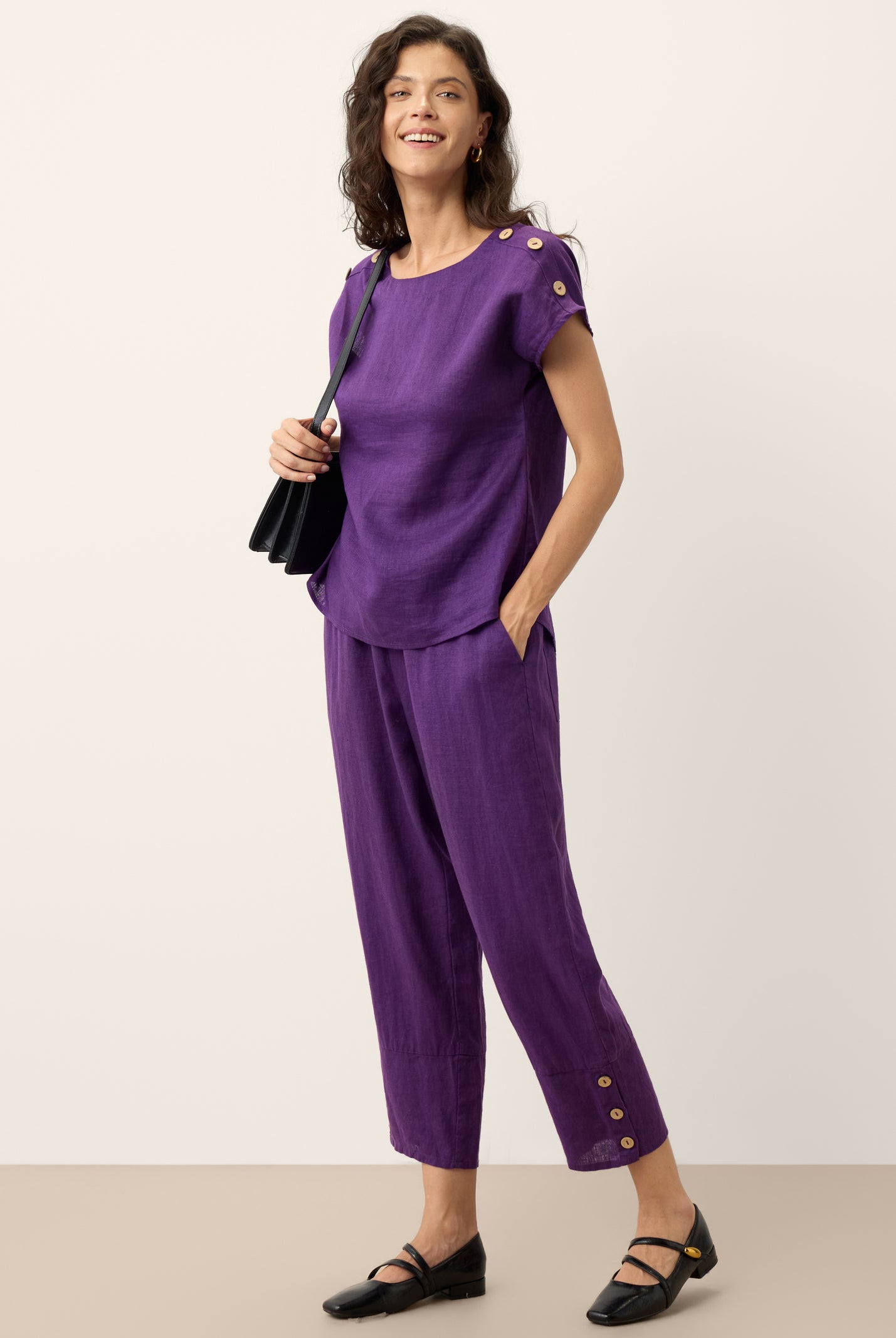 100% Linen Artisan Button Tapered Pants KATHERINE by LINTICO for women