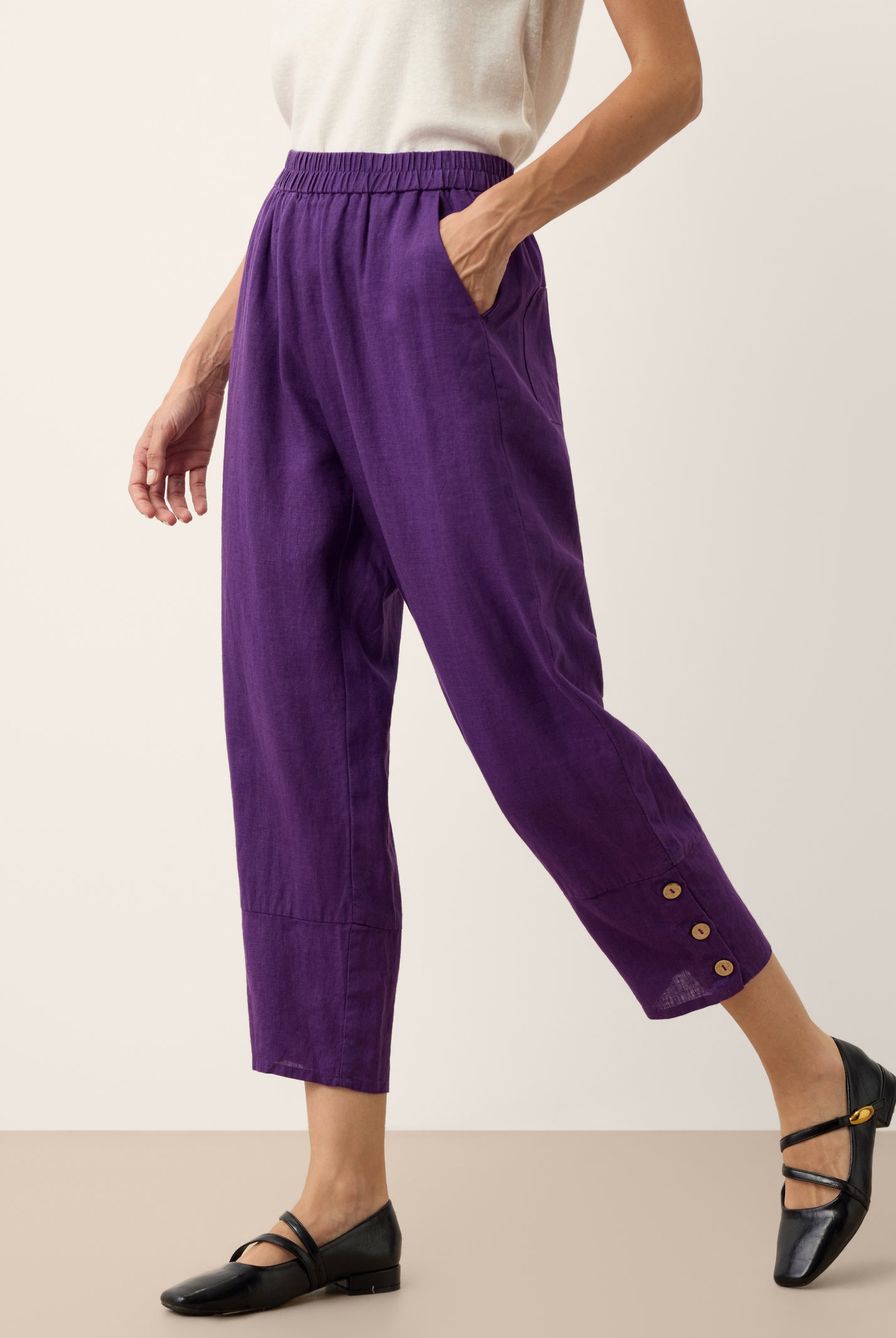 100% Linen Artisan Button Tapered Pants KATHERINE by LINTICO for women