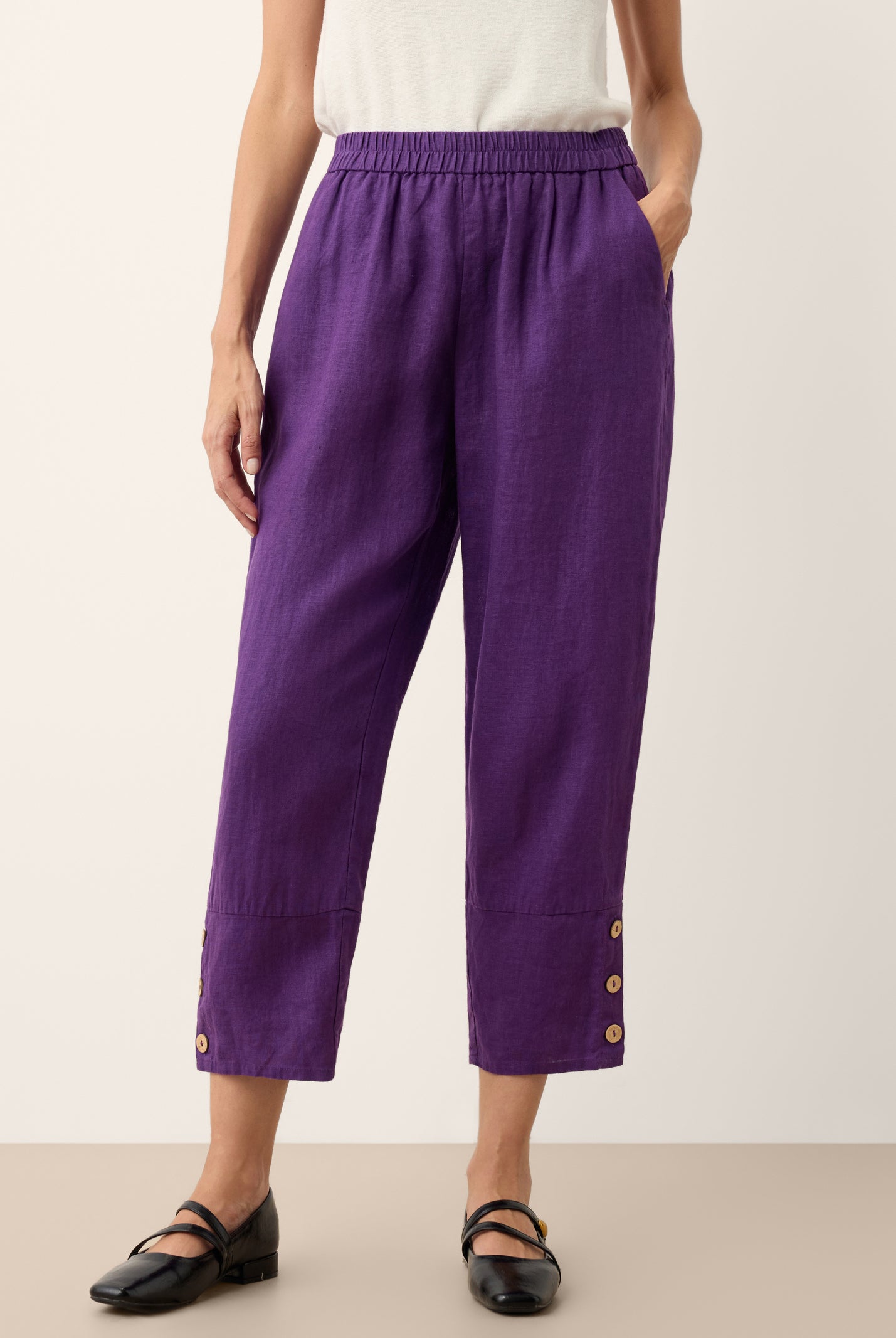 100% Linen Artisan Button Tapered Pants KATHERINE by LINTICO for women
