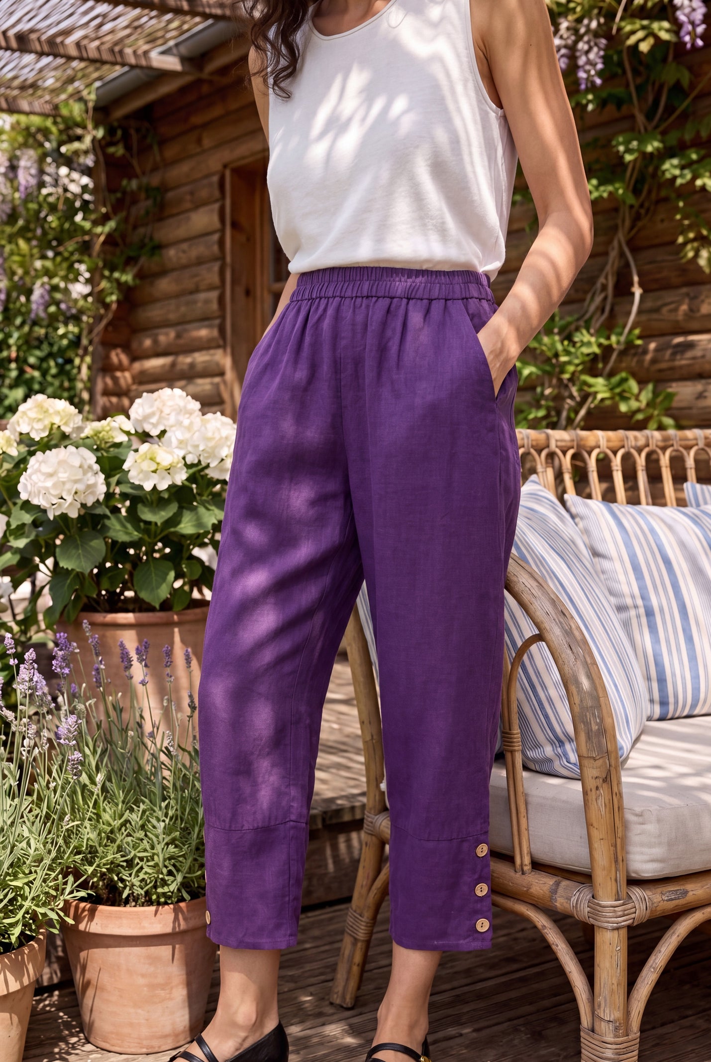 100% Linen Artisan Button Tapered Pants KATHERINE by LINTICO for women