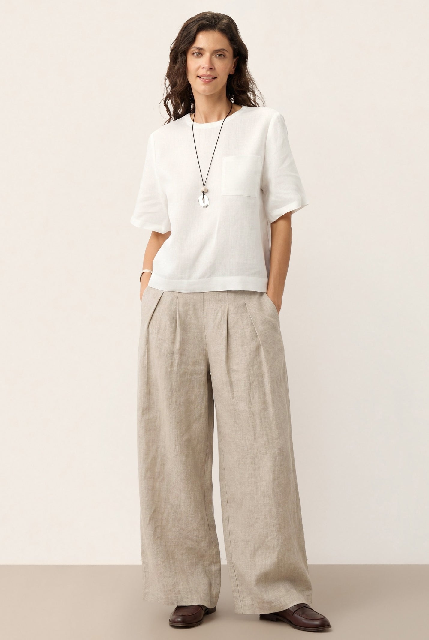 100% Linen Pleated Waist Wide Leg Pants LOUISA by LINTICO for women