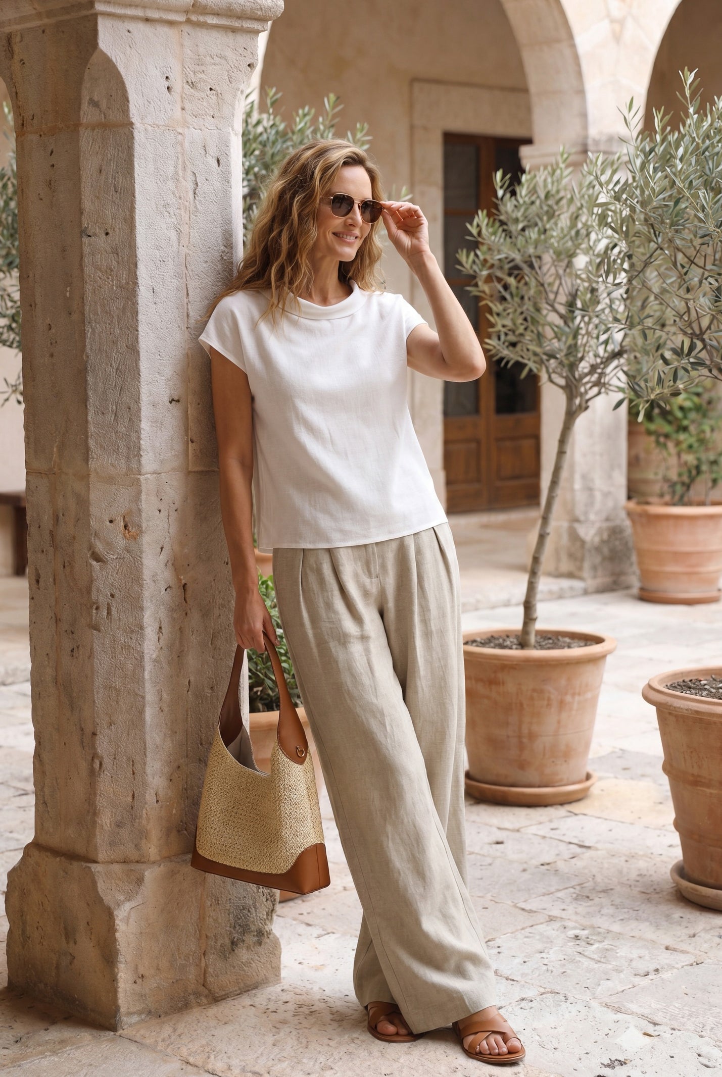100% Linen Pleated Waist Wide Leg Pants LOUISA by LINTICO for women