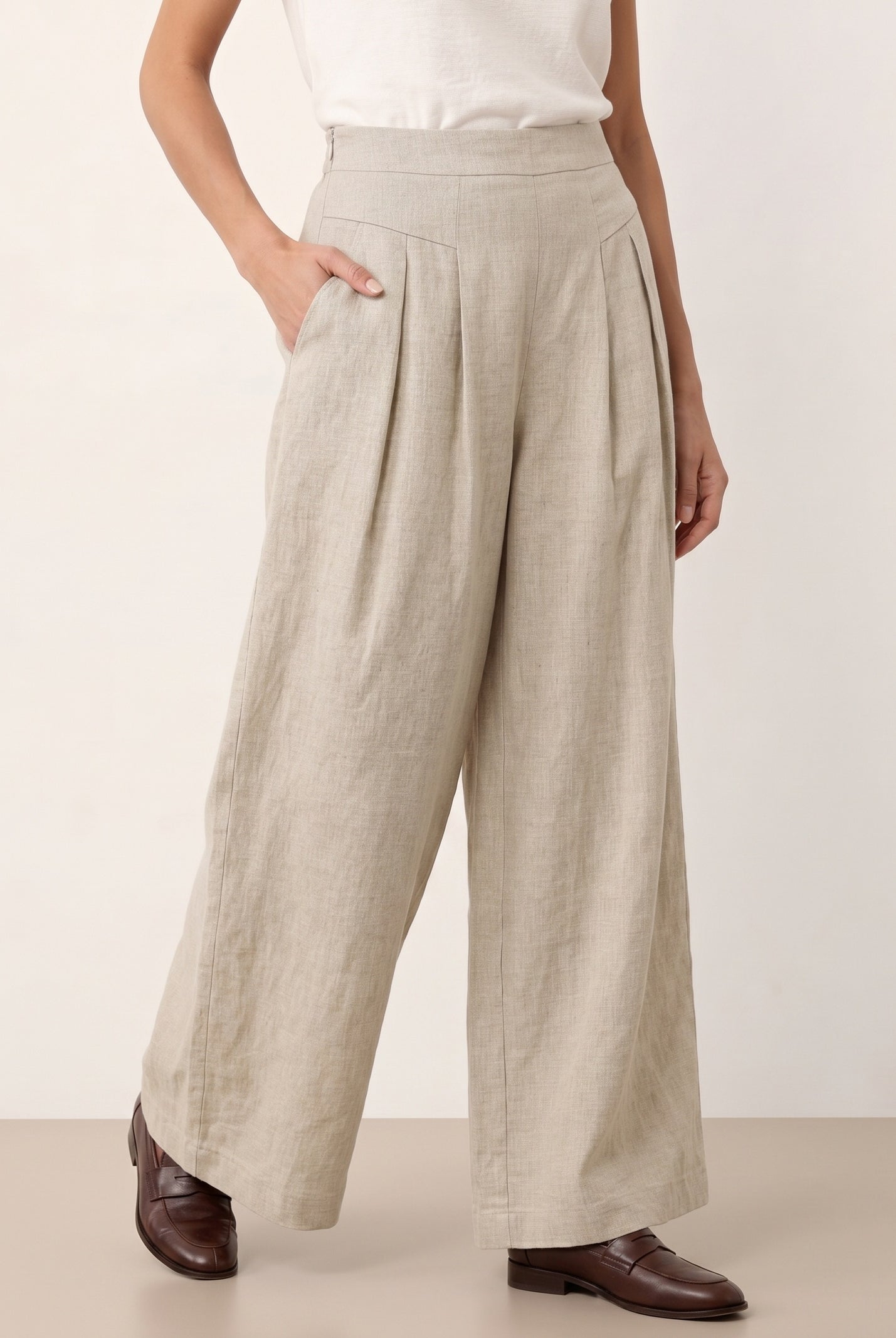 100% Linen Pleated Waist Wide Leg Pants LOUISA by LINTICO for women