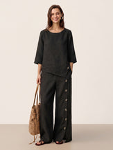 100% Linen Asymmetric-Hem Button-Trim Top NYLA by LINTICO for women