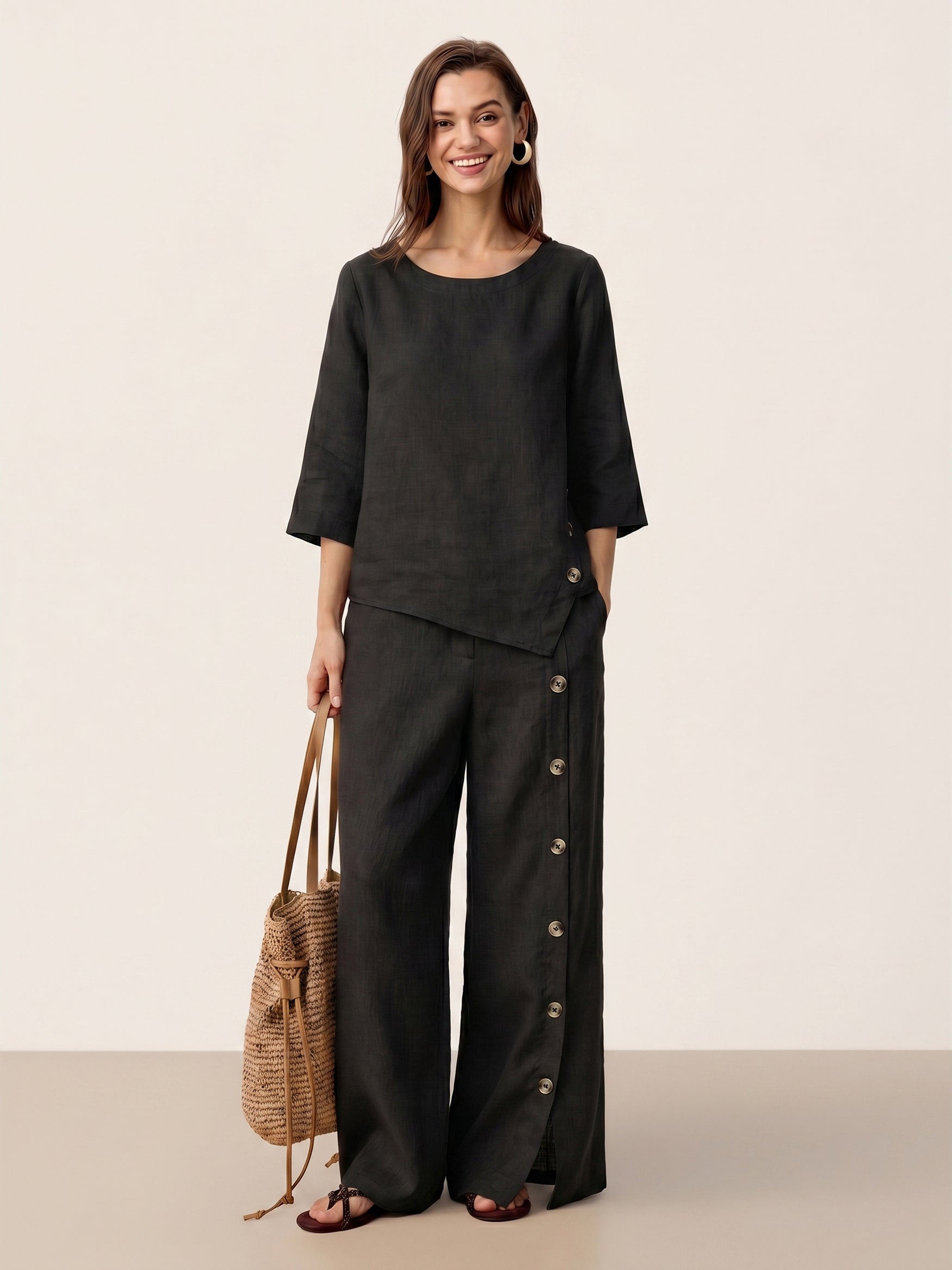 100% Linen Asymmetric-Hem Button-Trim Top NYLA by LINTICO for women