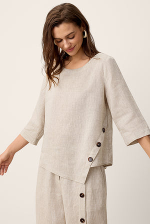 100% Linen Asymmetric-Hem Button-Trim Top NYLA by LINTICO for women