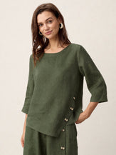 100% Linen Asymmetric-Hem Button-Trim Top NYLA by LINTICO for women