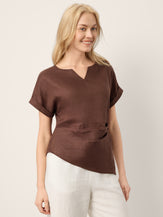 100% Linen Asymmetric Hem Side Gathered Split-Neck Top MINERVA by LINTICO for women