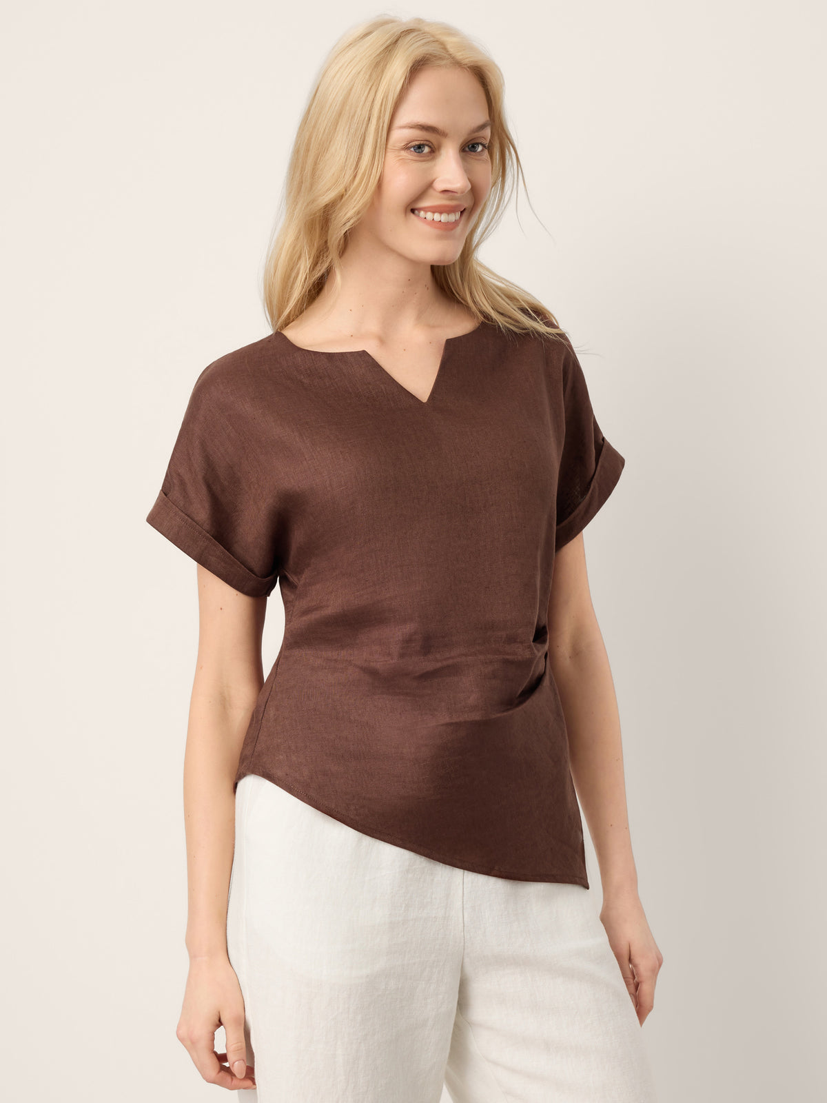 100% Linen Asymmetric Hem Side Gathered Split-Neck Top MINERVA by LINTICO for women