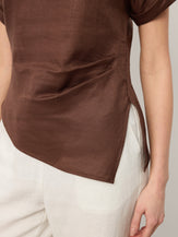 100% Linen Asymmetric Hem Side Gathered Split-Neck Top MINERVA by LINTICO for women