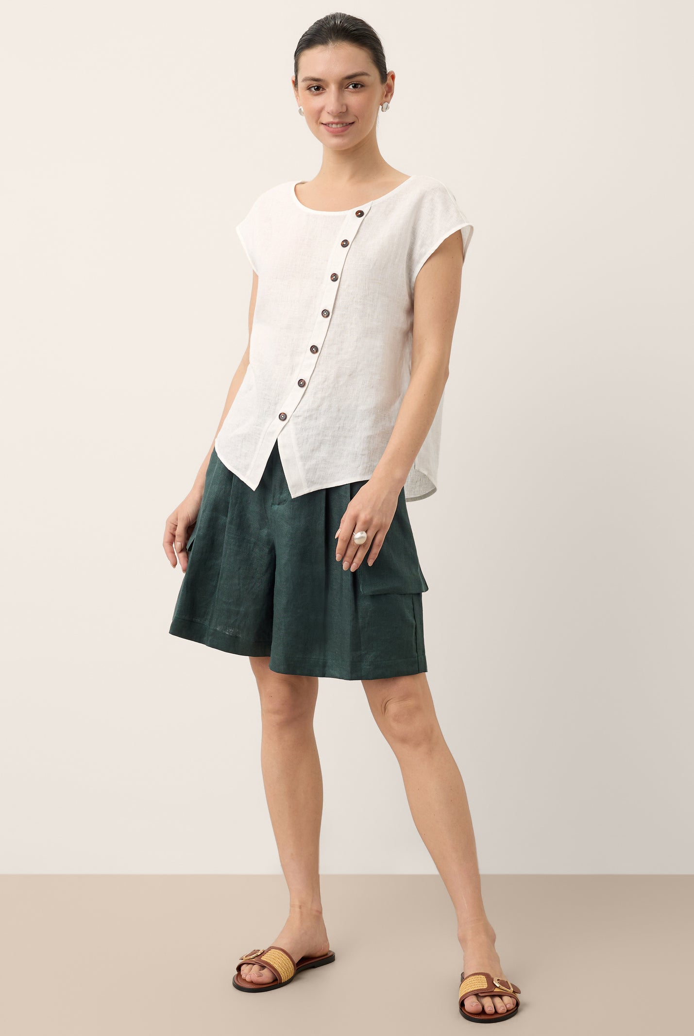 100% Linen Asymmetric Placket Cap Sleeve Top EVALINA by LINTICO for women