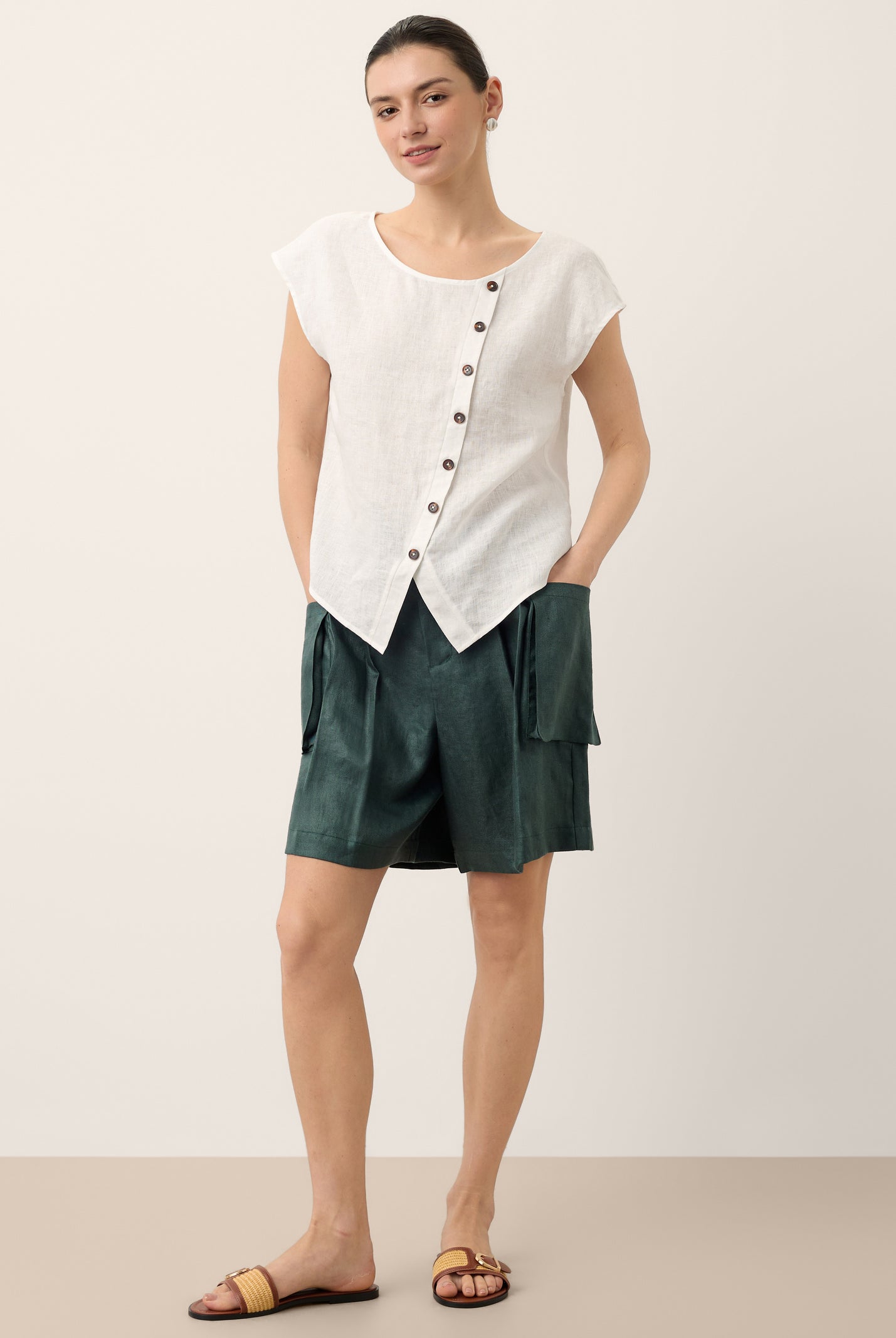 100% Linen Asymmetric Placket Cap Sleeve Top EVALINA by LINTICO for women
