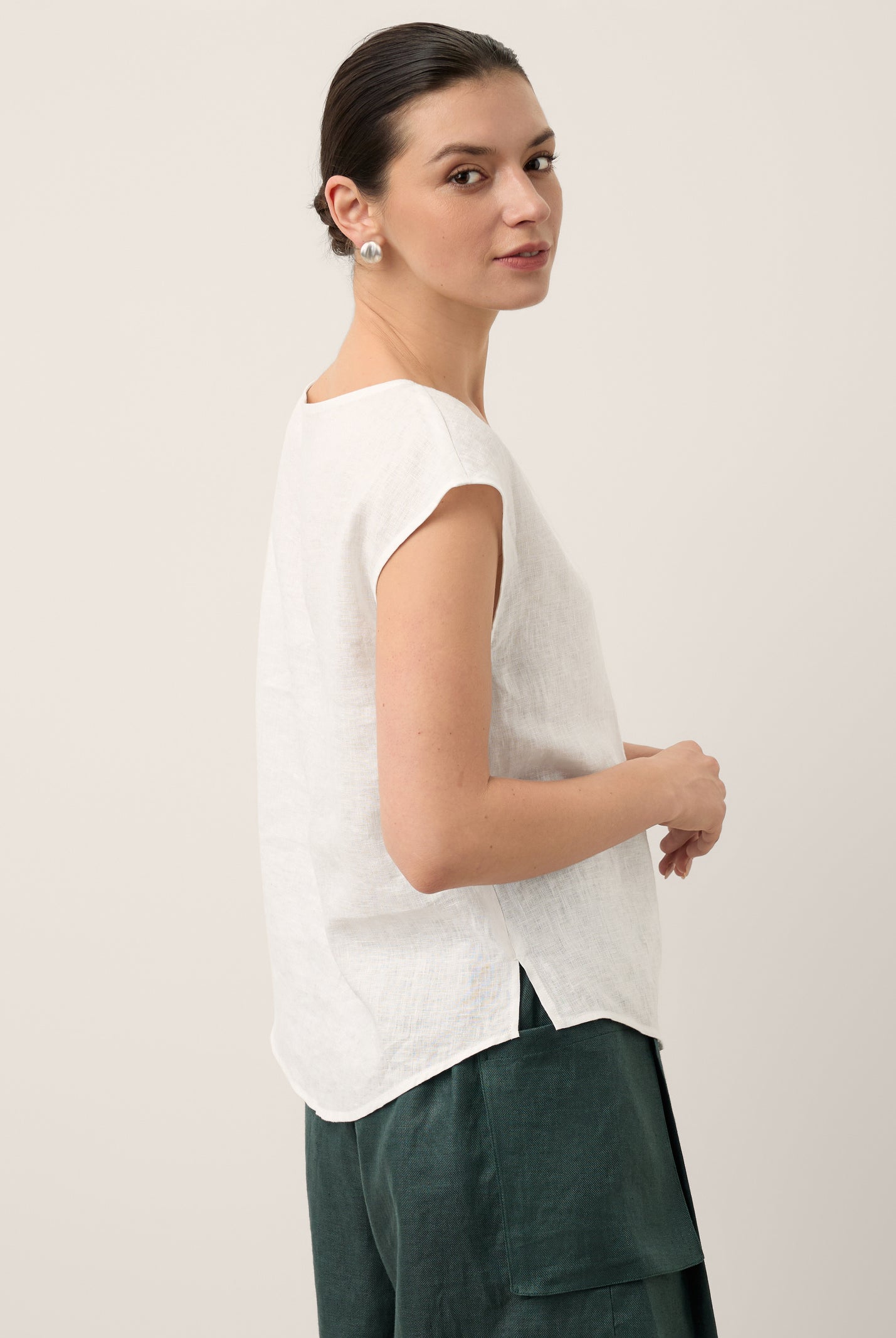 100% Linen Asymmetric Placket Cap Sleeve Top EVALINA by LINTICO for women
