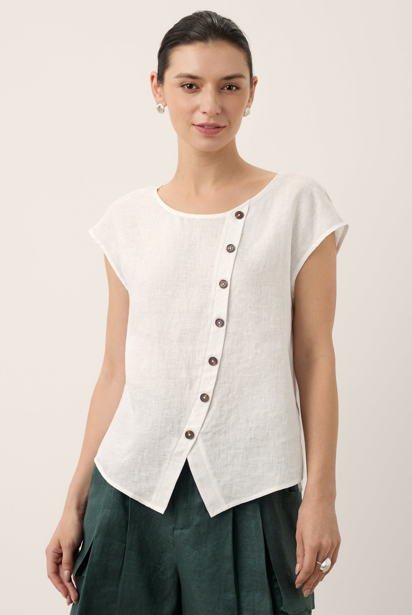 100% Linen Asymmetric Placket Cap Sleeve Top EVALINA by LINTICO for women
