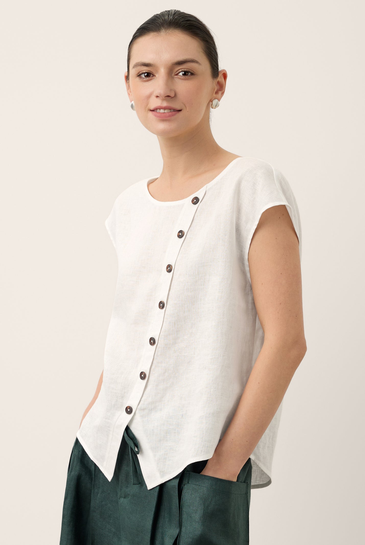 100% Linen Asymmetric Placket Cap Sleeve Top EVALINA by LINTICO for women