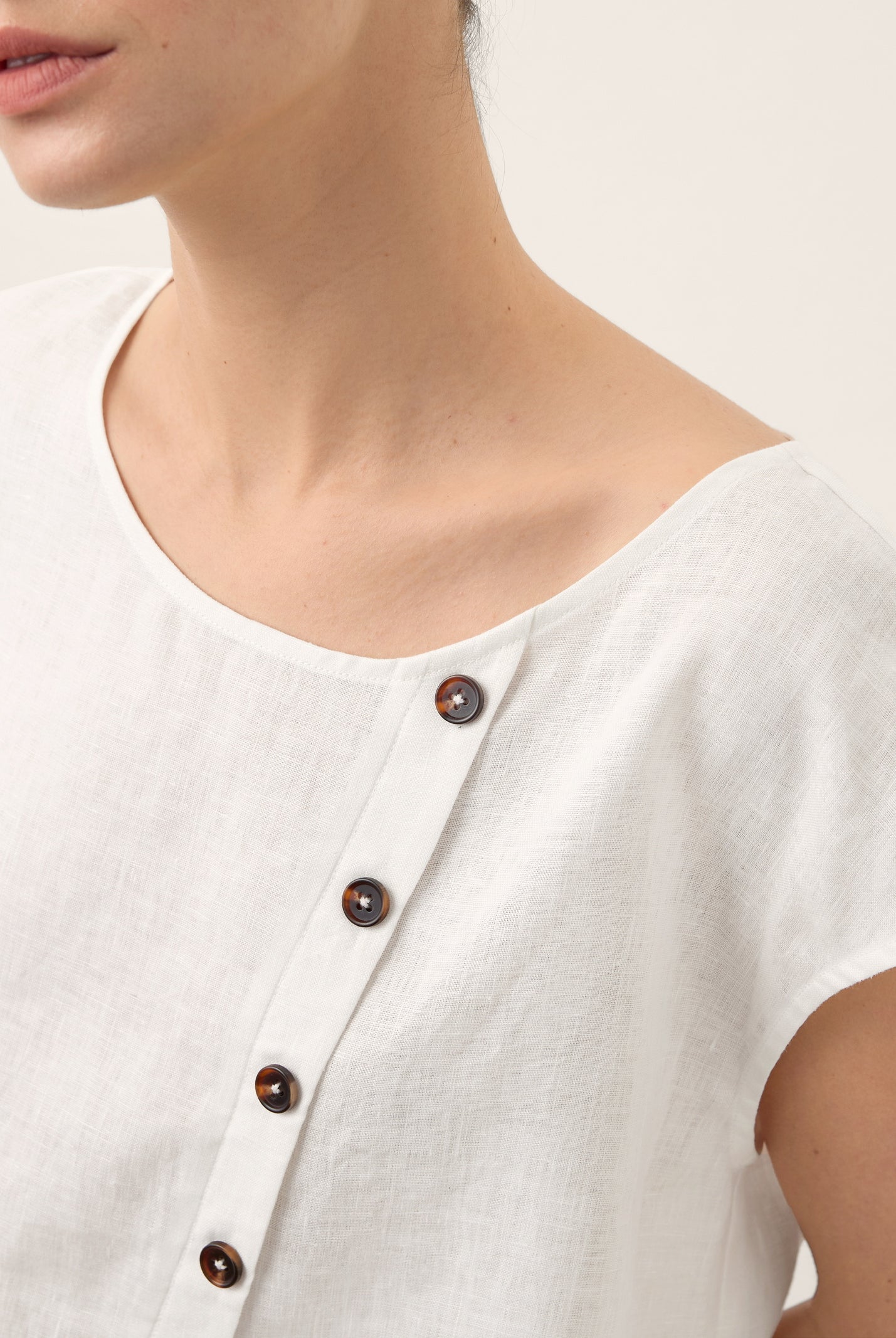 100% Linen Asymmetric Placket Cap Sleeve Top EVALINA by LINTICO for women