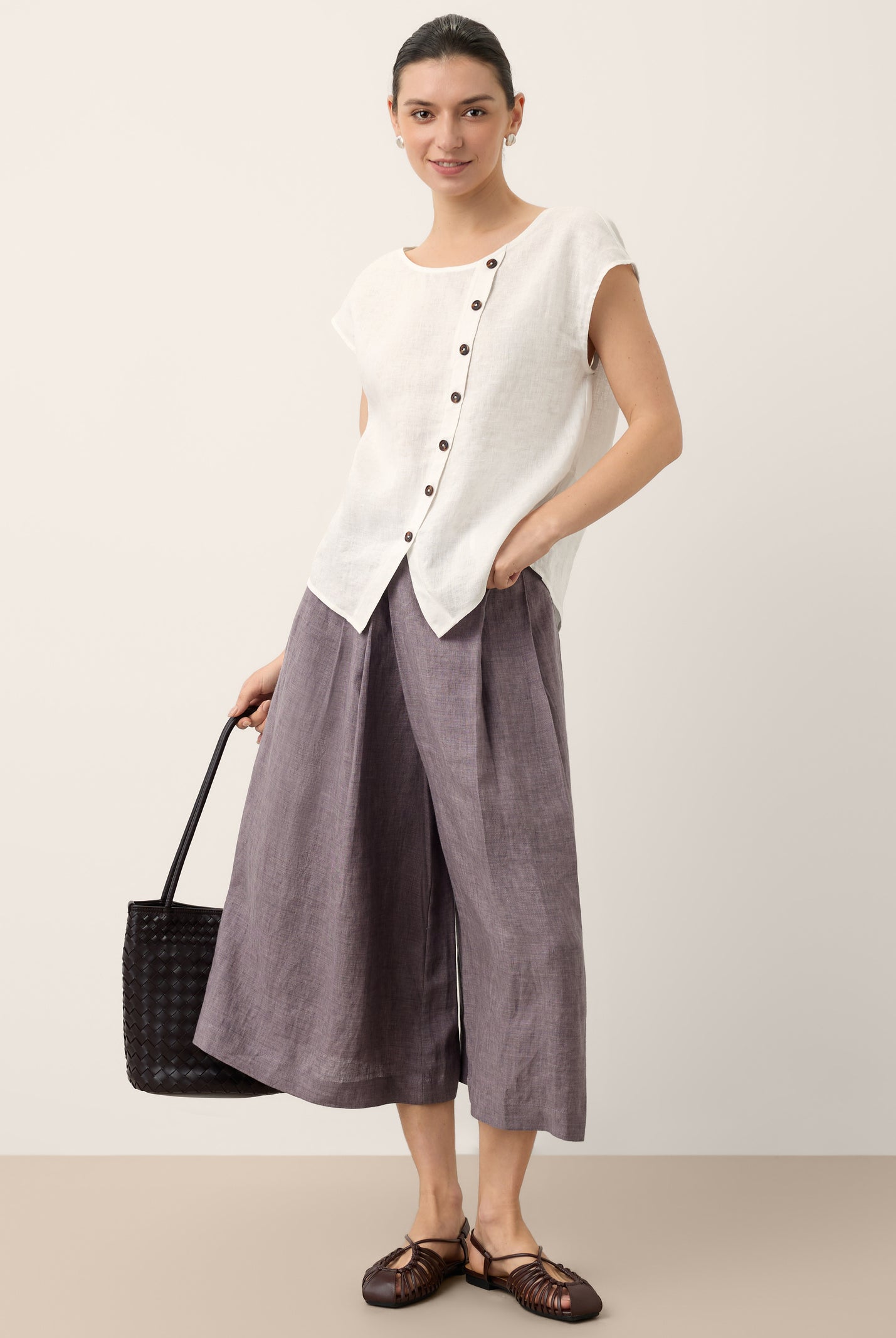 100% Linen Asymmetric Placket Cap Sleeve Top EVALINA by LINTICO for women