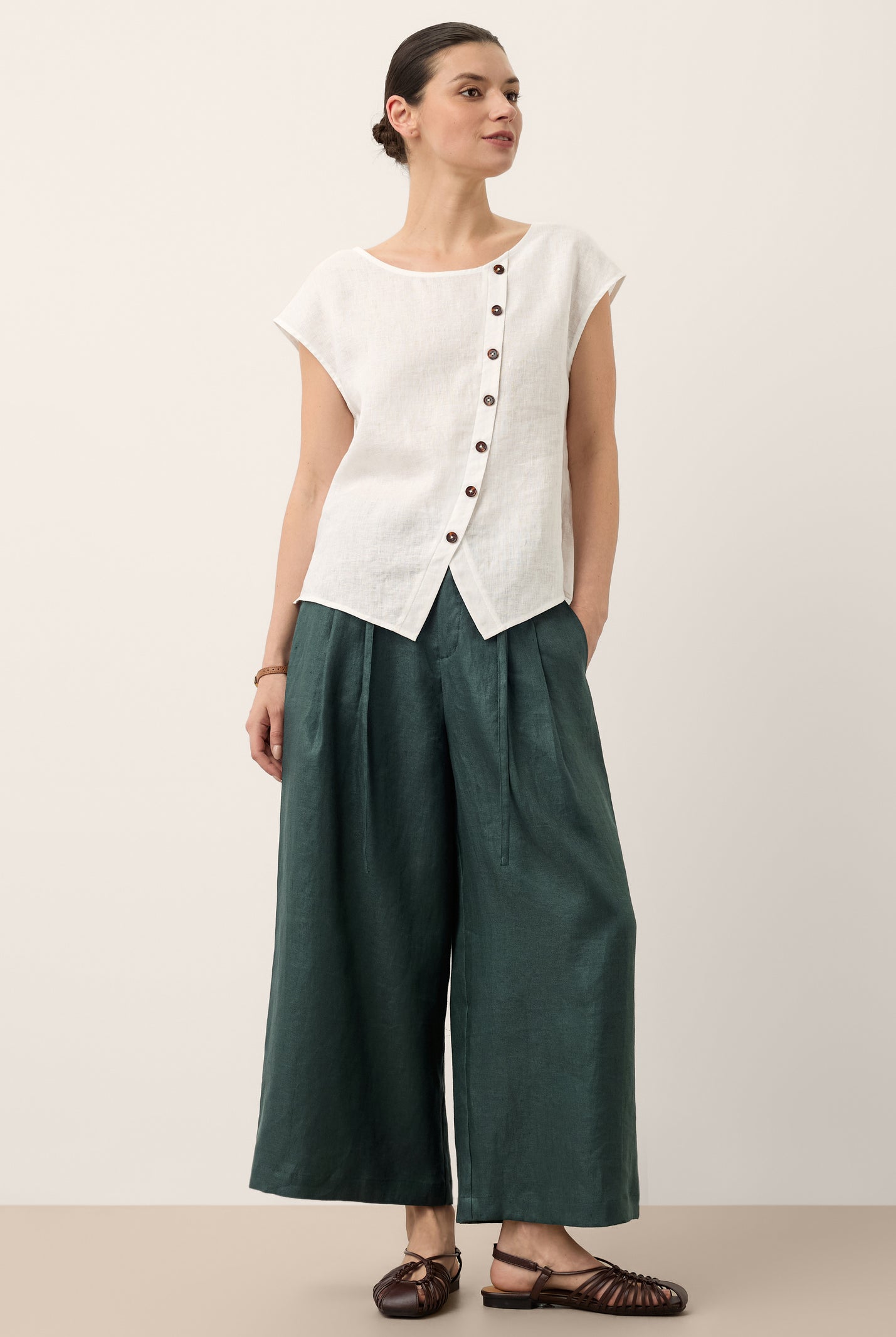 100% Linen Asymmetric Placket Cap Sleeve Top EVALINA by LINTICO for women