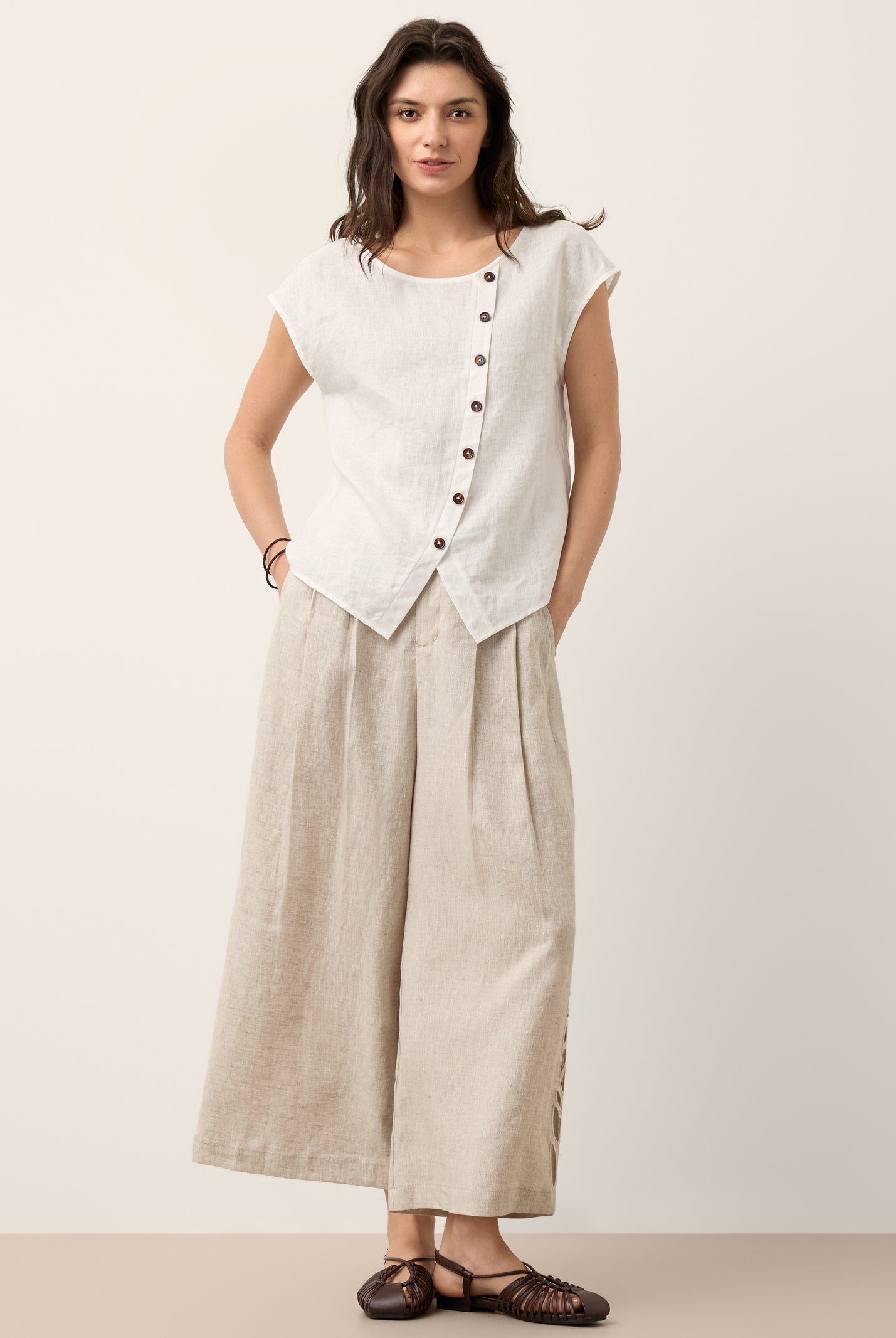 100% Linen Asymmetric Placket Cap Sleeve Top EVALINA by LINTICO for women