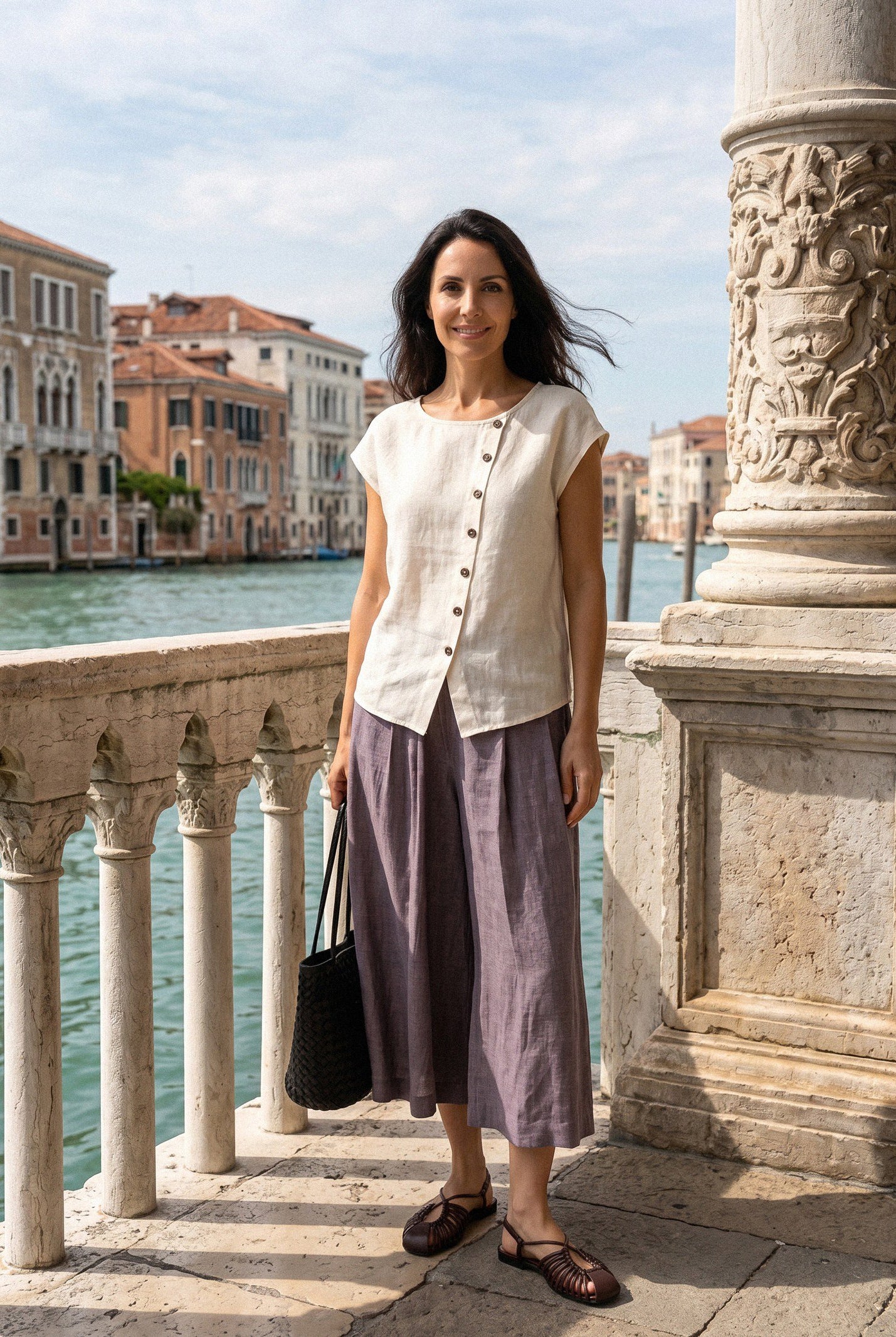 100% Linen Asymmetric Placket Cap Sleeve Top EVALINA by LINTICO for women