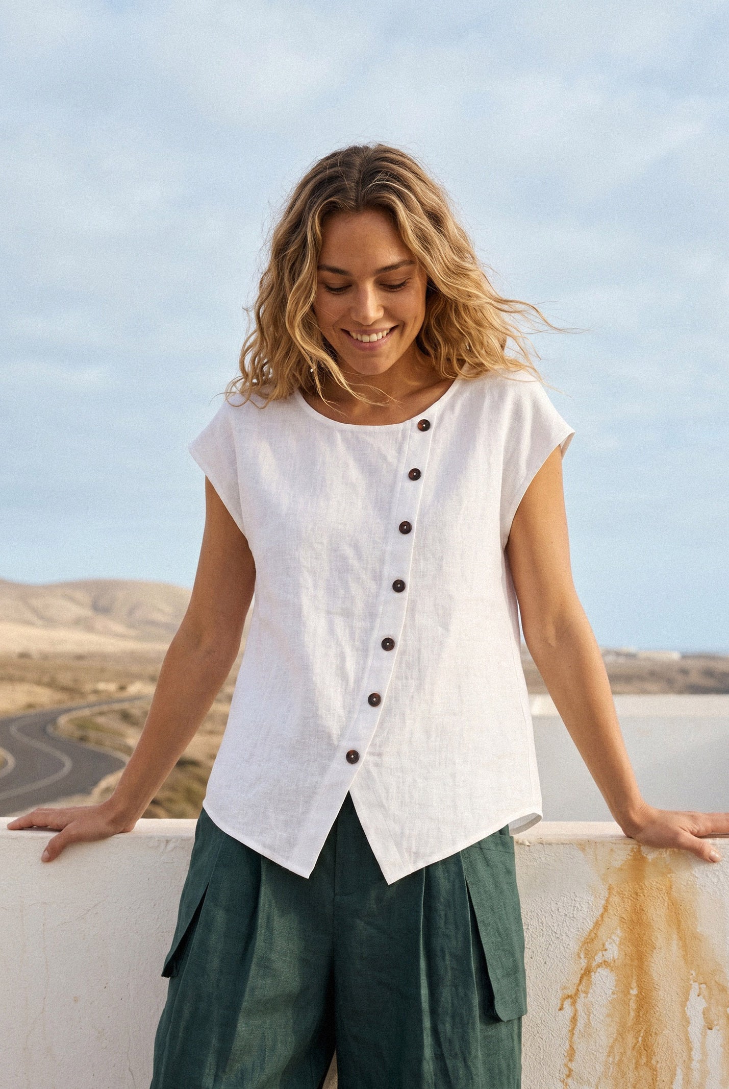 100% Linen Asymmetric Placket Cap Sleeve Top EVALINA by LINTICO for women