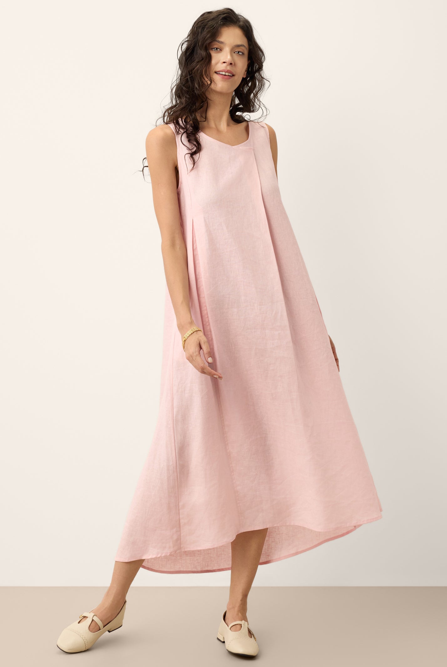 100% Linen Asymmetric Pleat A-Line Midi Dress KARINA by LINTICO for women