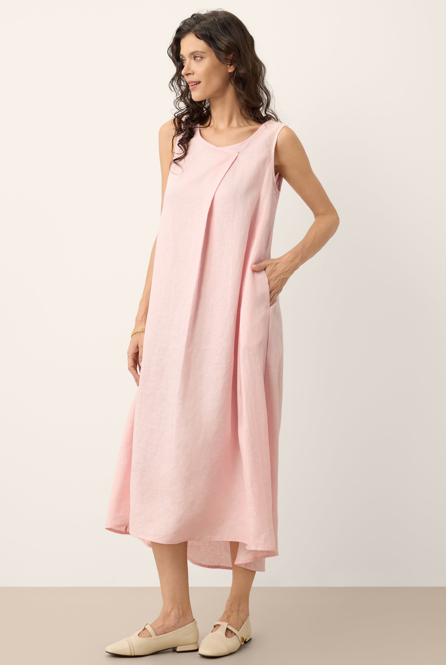 100% Linen Asymmetric Pleat A-Line Midi Dress KARINA by LINTICO for women