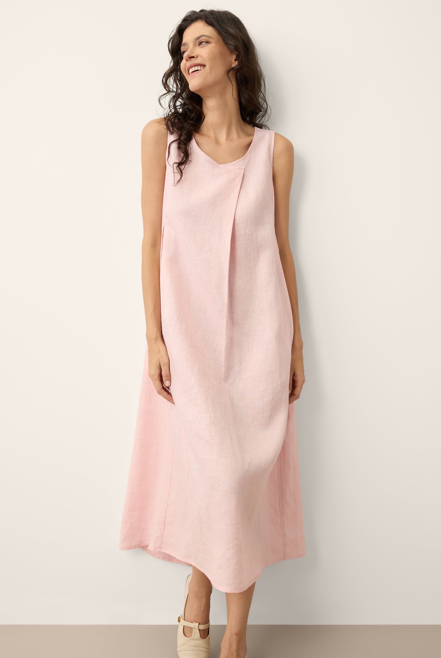100% Linen Asymmetric Pleat A-Line Midi Dress KARINA by LINTICO for women