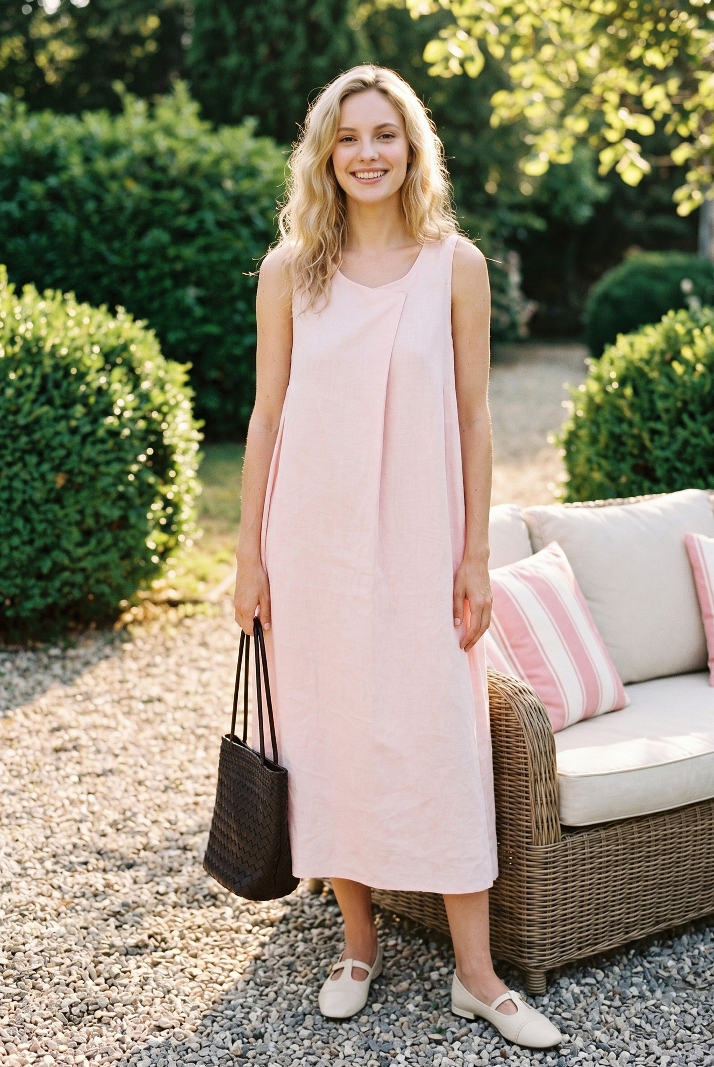 100% Linen Asymmetric Pleat A-Line Midi Dress KARINA by LINTICO for women