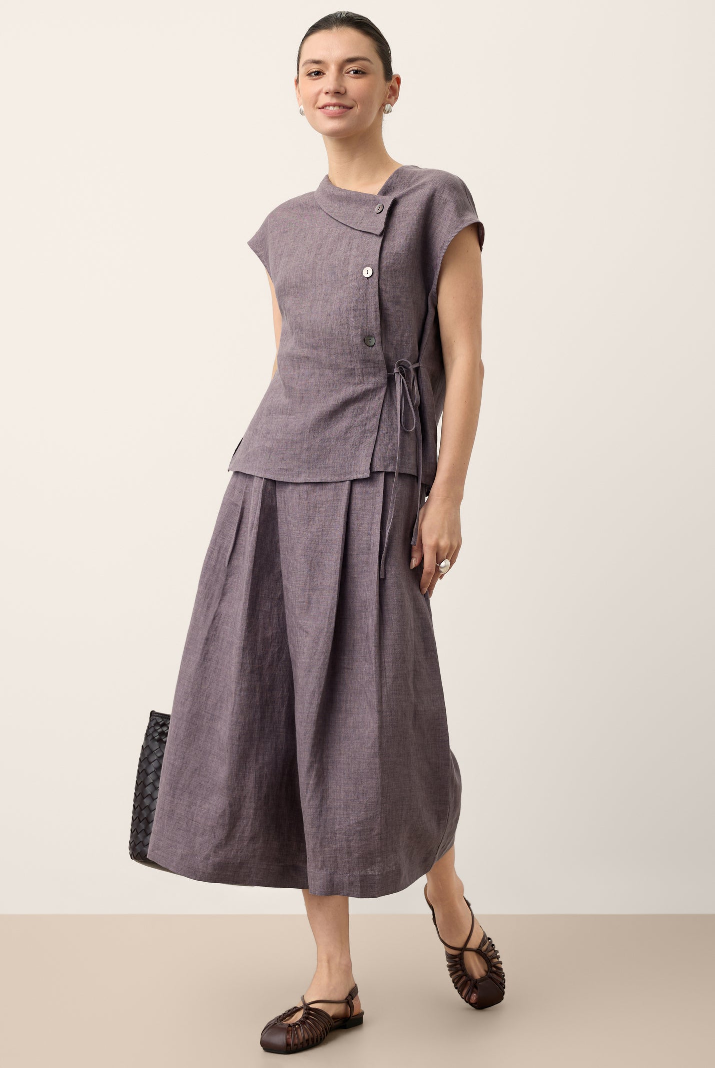 100% Linen Asymmetric Wrap Tie Waist Top GRETCHEN by LINTICO for women