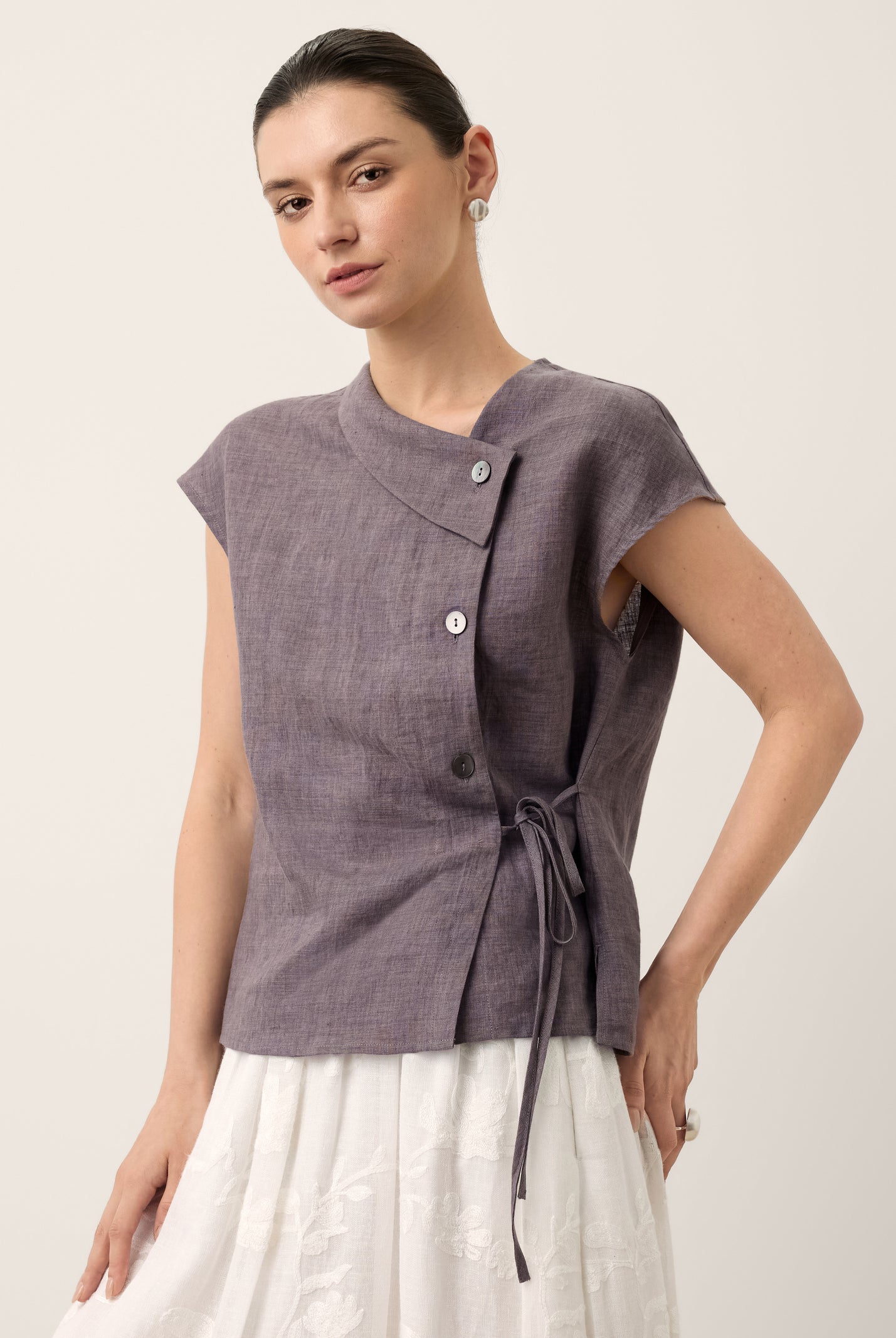 100% Linen Asymmetric Wrap Tie Waist Top GRETCHEN by LINTICO for women
