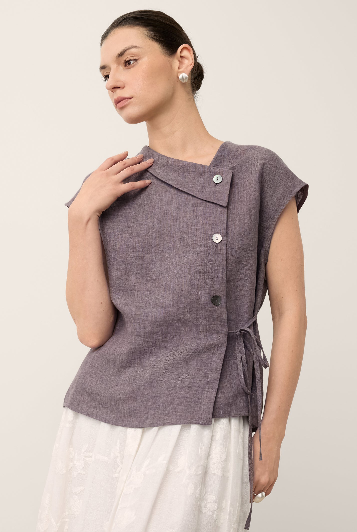 100% Linen Asymmetric Wrap Tie Waist Top GRETCHEN by LINTICO for women