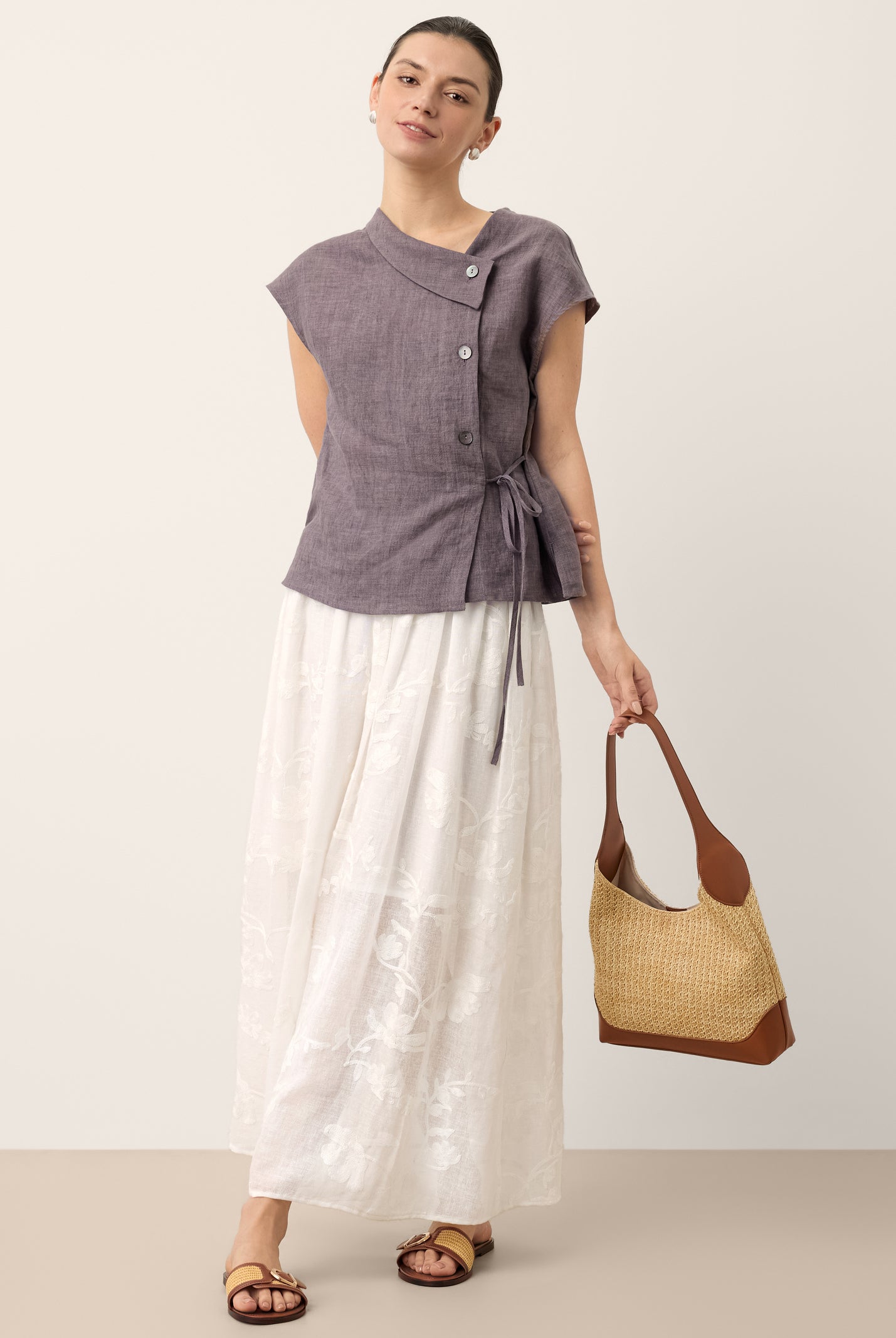 100% Linen Asymmetric Wrap Tie Waist Top GRETCHEN by LINTICO for women