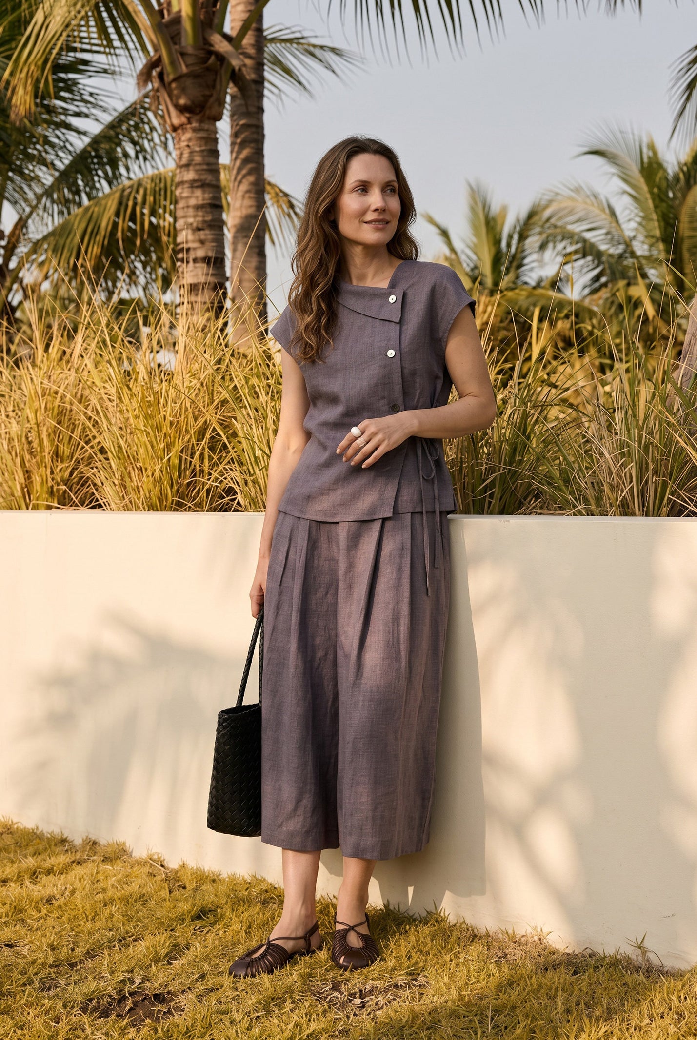 100% Linen Asymmetric Wrap Tie Waist Top GRETCHEN by LINTICO for women