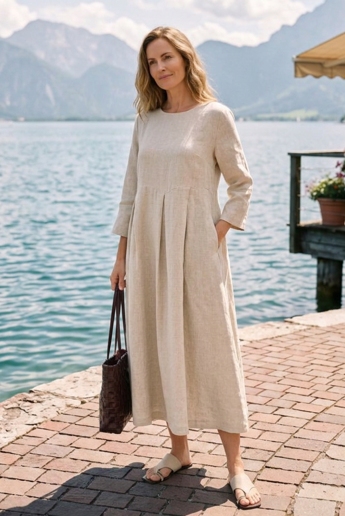 100% Linen Bateau Neck Pleated Midi Dress ABIGAIL by LINTICO