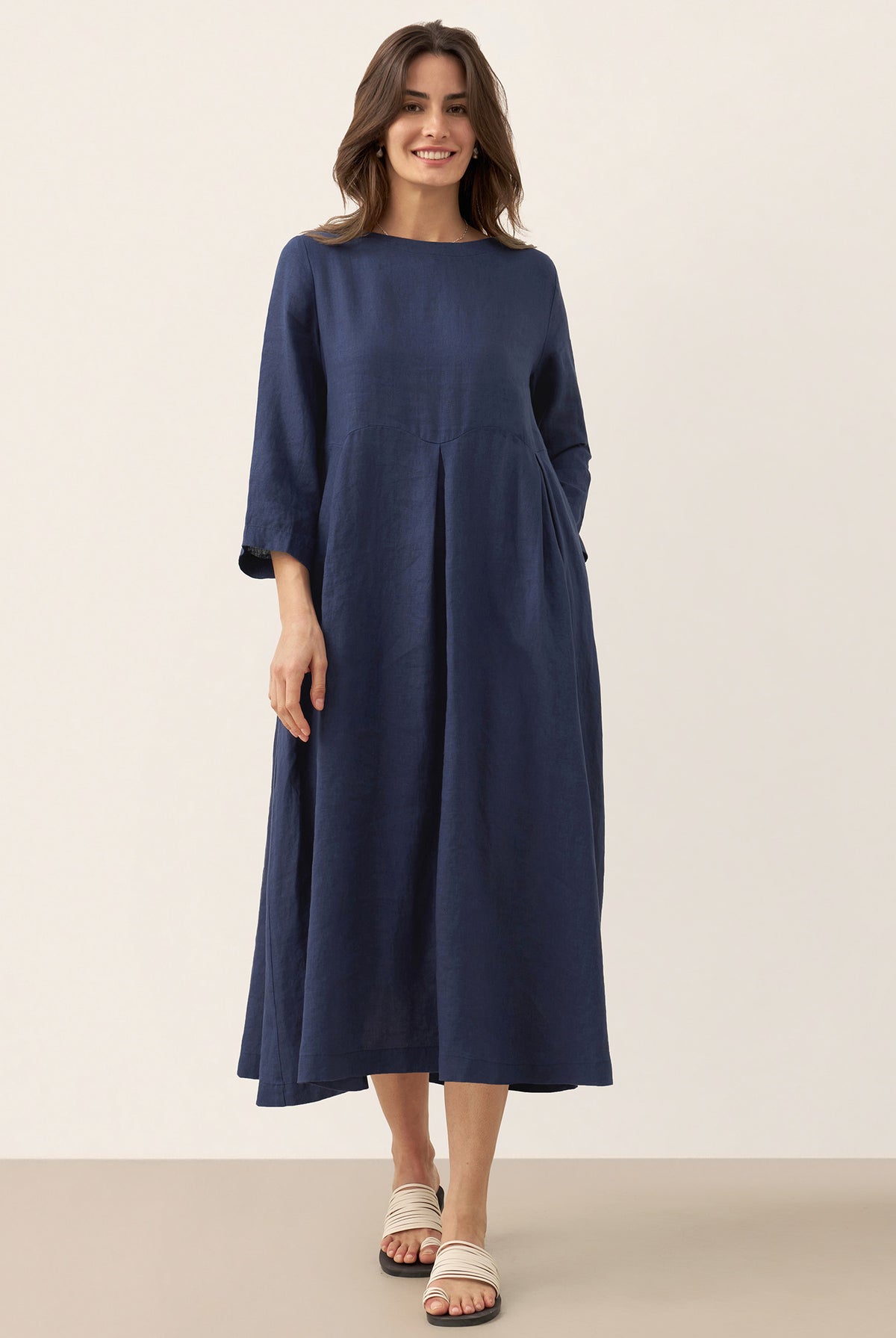 100% Linen Bateau Neck Pleated Midi Dress by LINTICO