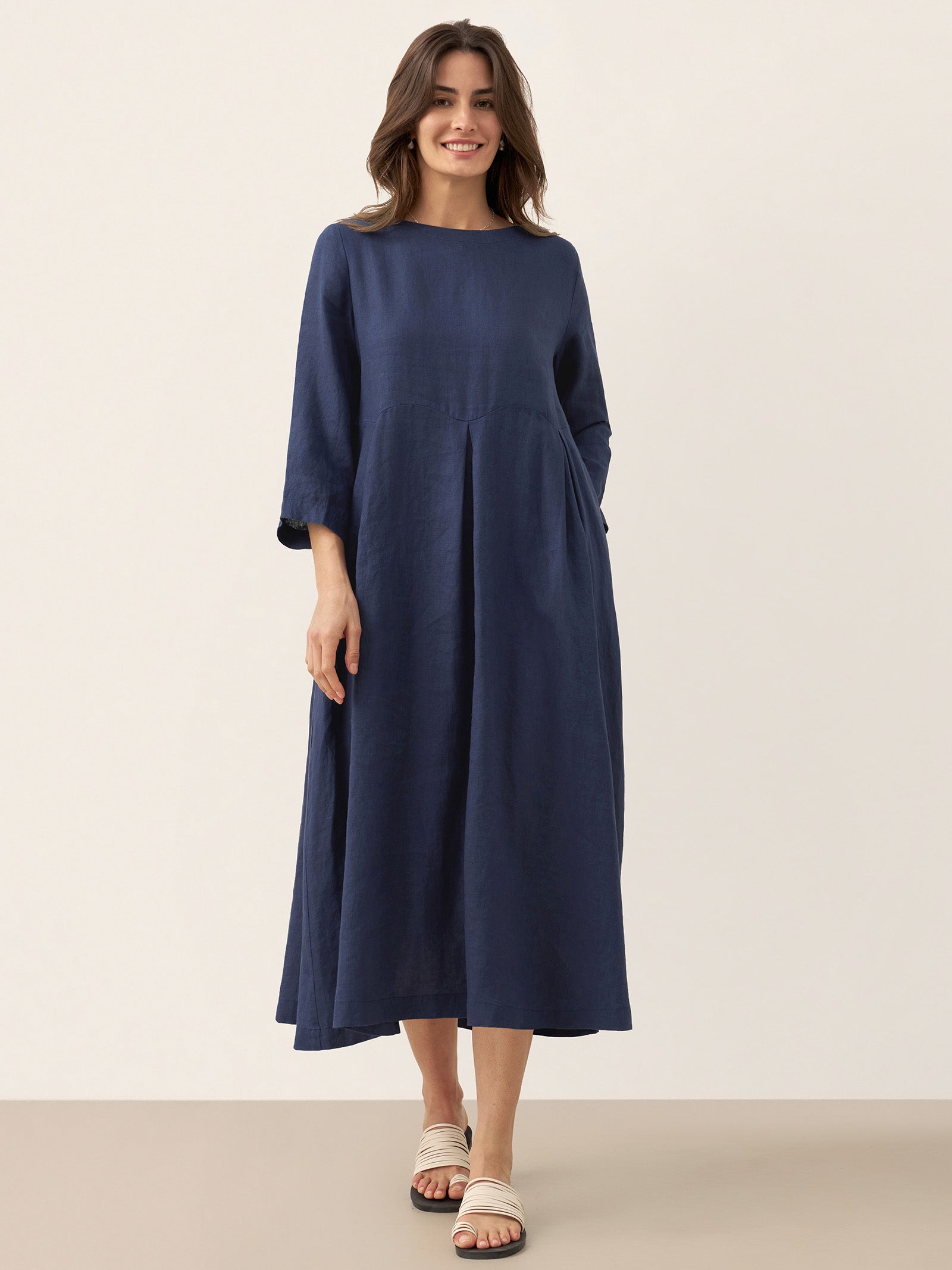 100% Linen Bateau Neck Pleated Midi Dress by LINTICO