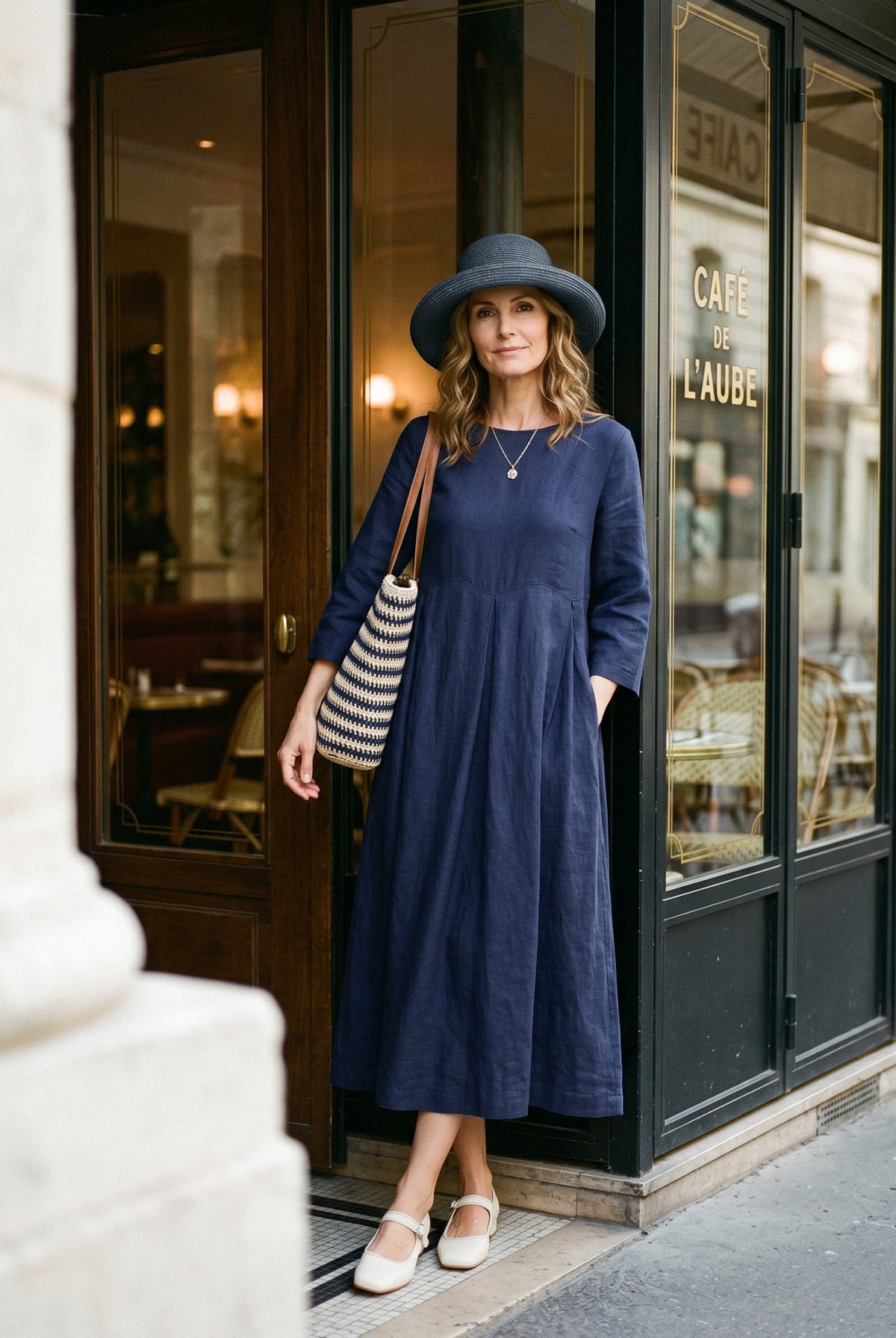 100% Linen Bateau Neck Pleated Midi Dress by LINTICO