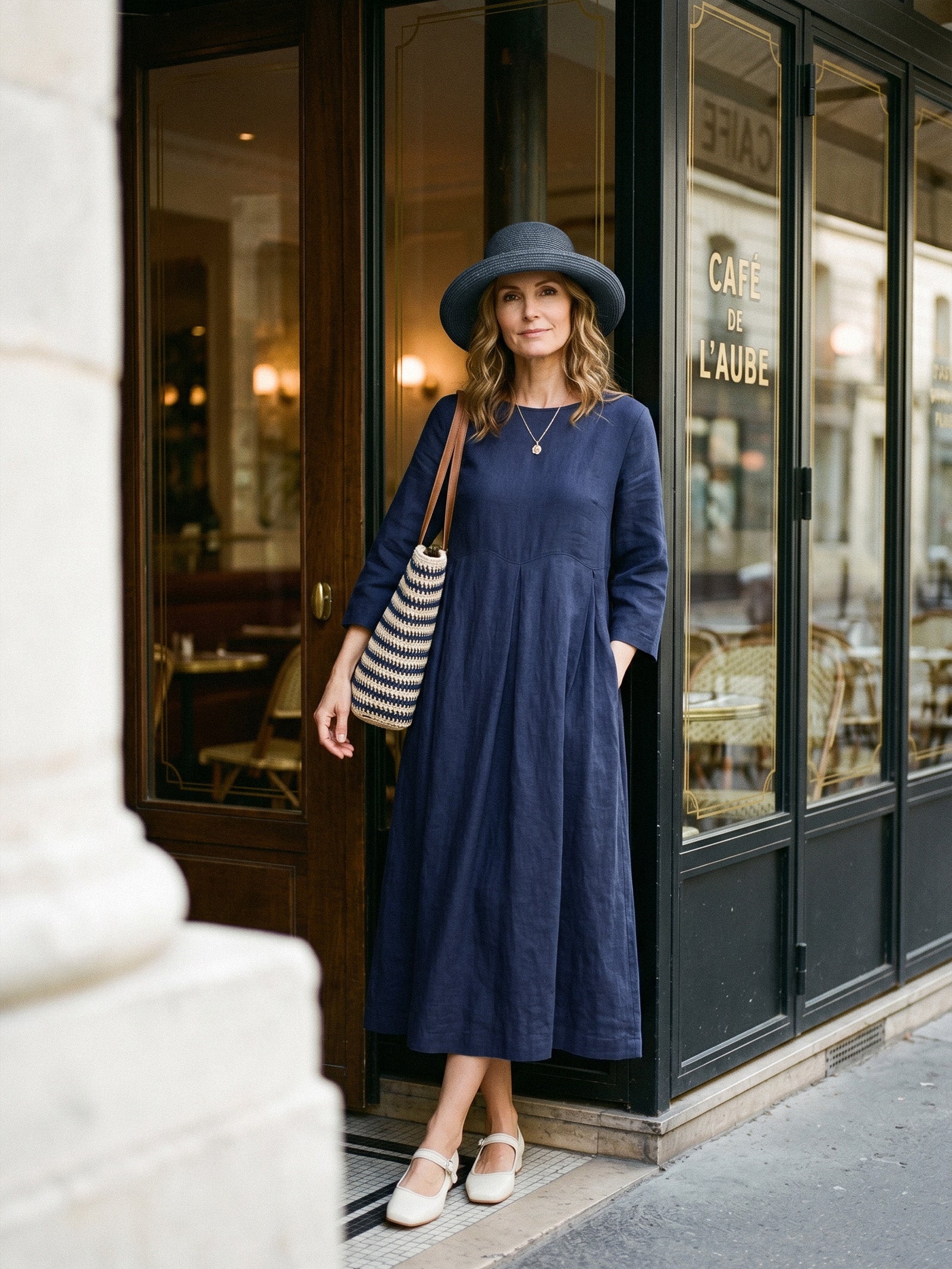 100% Linen Bateau Neck Pleated Midi Dress by LINTICO