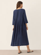 100% Linen Bateau Neck Pleated Midi Dress by LINTICO