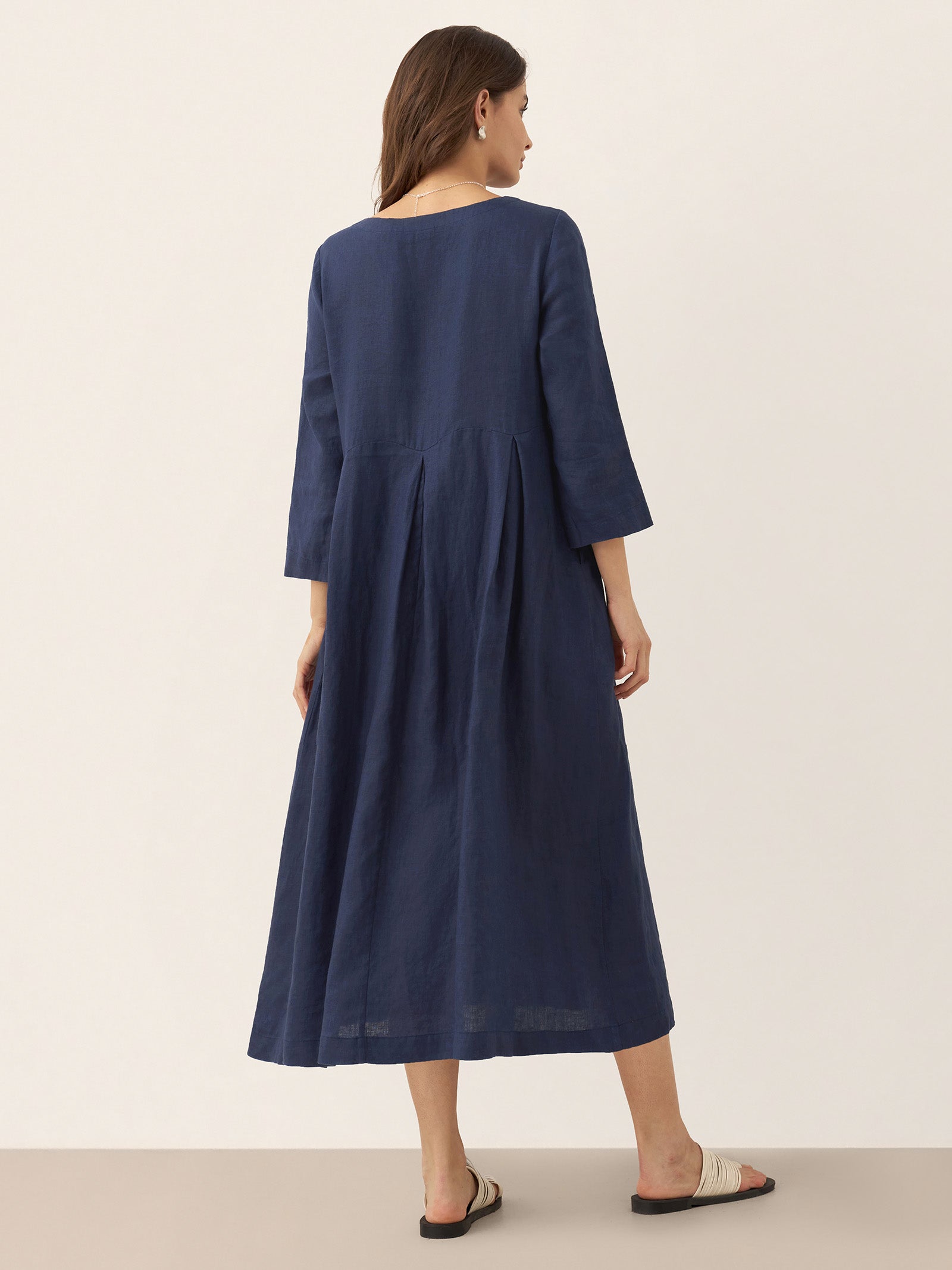 100% Linen Bateau Neck Pleated Midi Dress by LINTICO