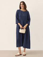 100% Linen Bateau Neck Pleated Midi Dress by LINTICO